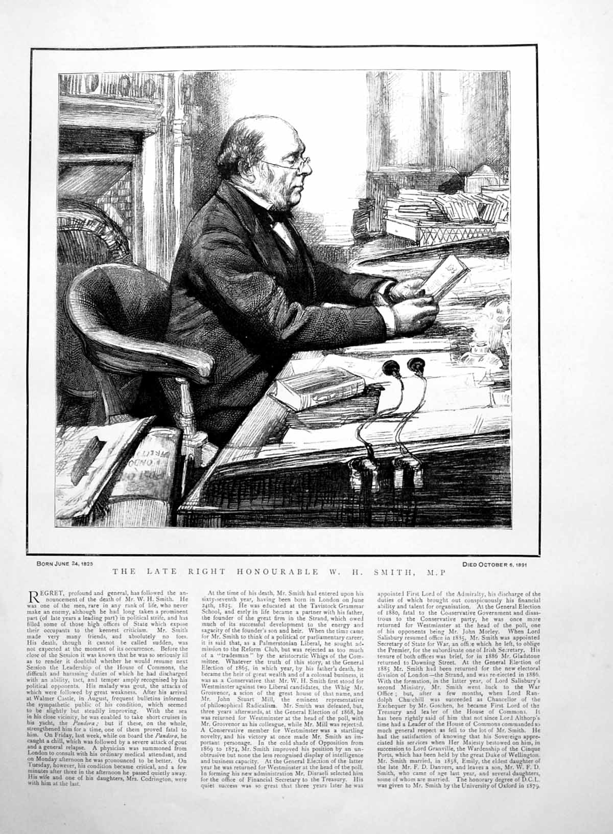 Old The Late Right Honourable W.H. Smith M.P. Portrait Seated Desk 1891 19th