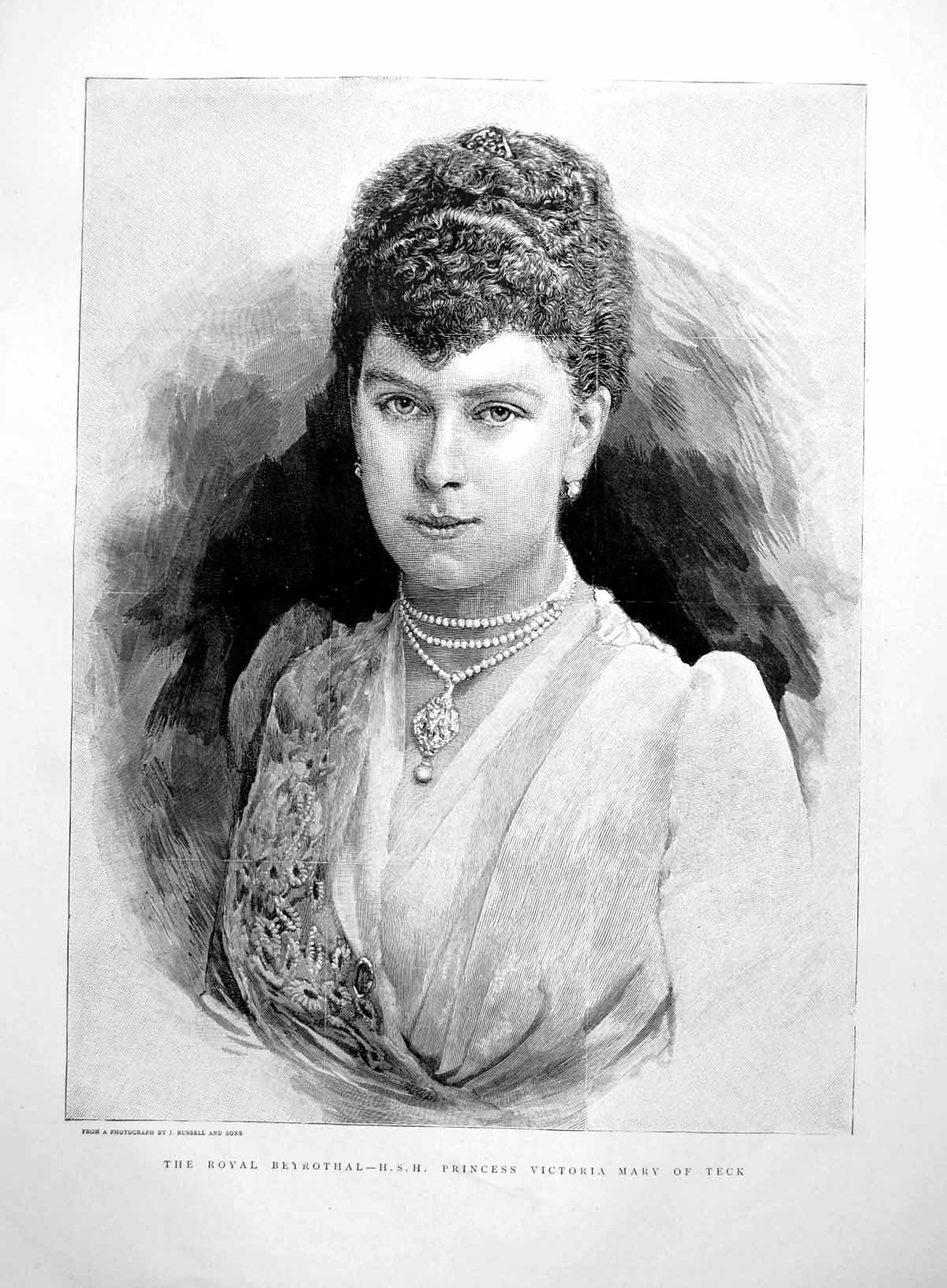 Old Antique Print Royal Betrothal H.S.H. Princess Victoria Mary Teck 1891 19th