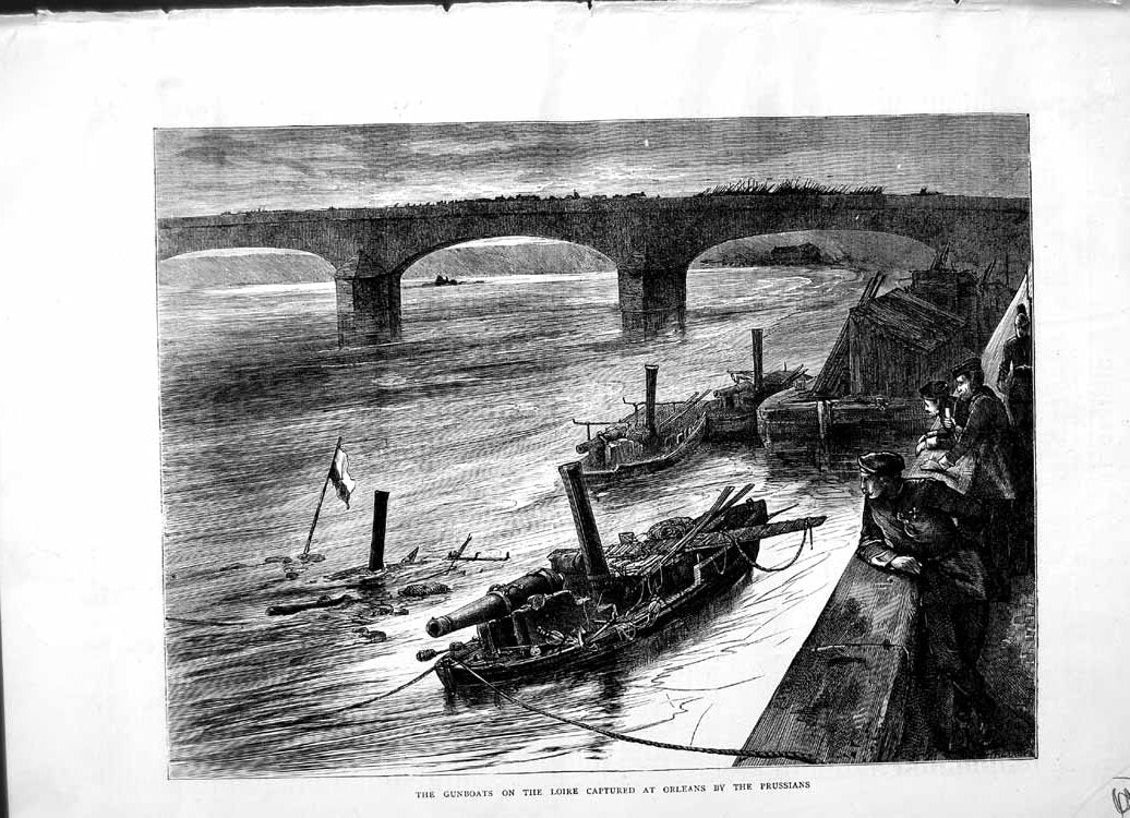 Original Old Antique Print 1871 Gunboats Loire Captured Orleans Prussians War