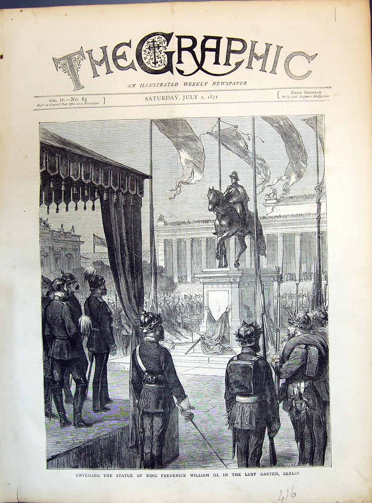 Old 1871 Unveiling Statue King Frederick William Lust Garten Berlin G Victorian