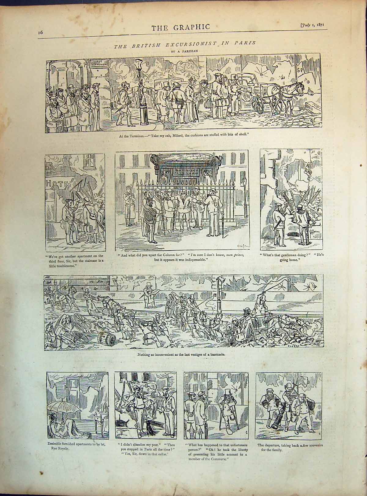 Antique Old Print 1871 British Excursionist Paris France Tourists Terminus 19th