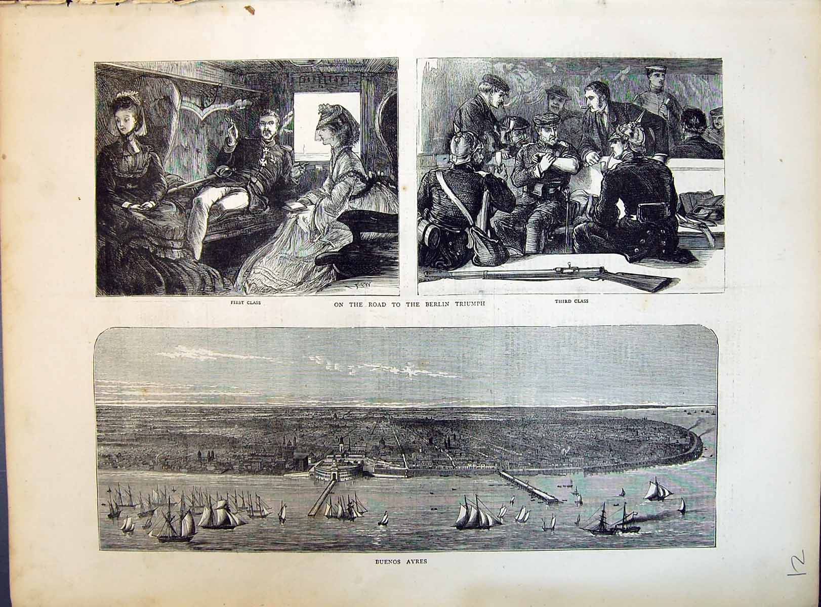 Old 1871 View Buenos Ayres Ships Travelling Berlin Triumph Railway Pa Victorian