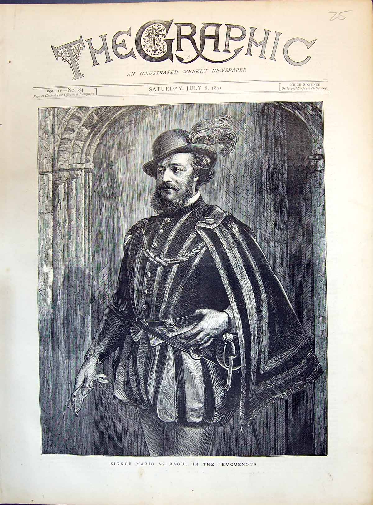 Antique Old Print 1871 Portrait Signor Mario Raoul Huguenots Theatre Actor 19th