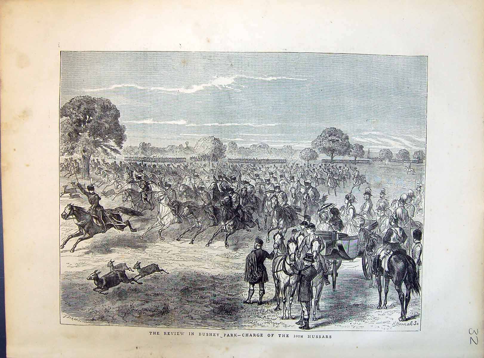 Old Print 1871 Review Bushey Park Scene Charge 10Th Hussars Siers Horses 19th