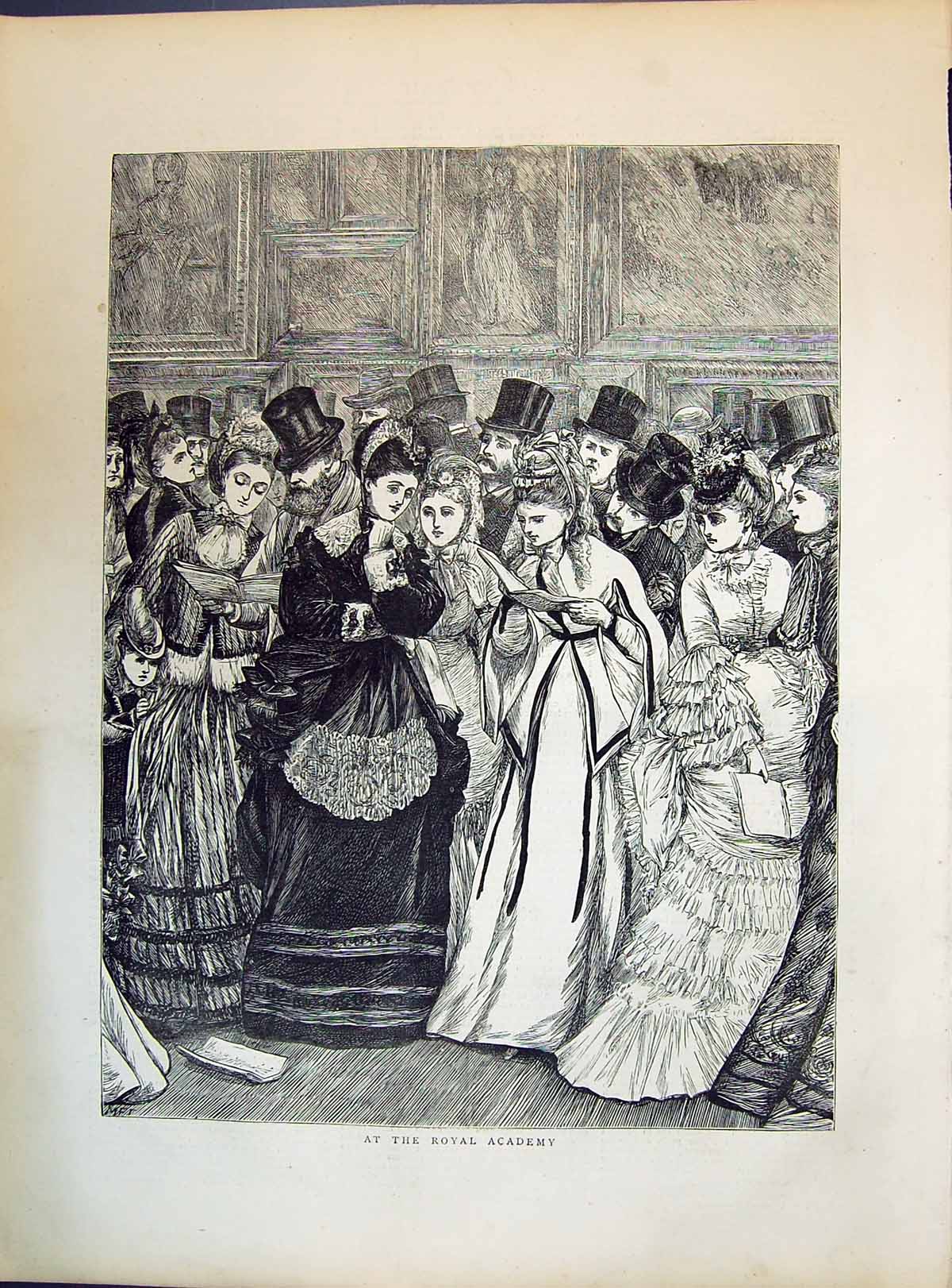 Old Antique Print 1871 Royal Academy Art Paintings Spectators Ladies Men 19th