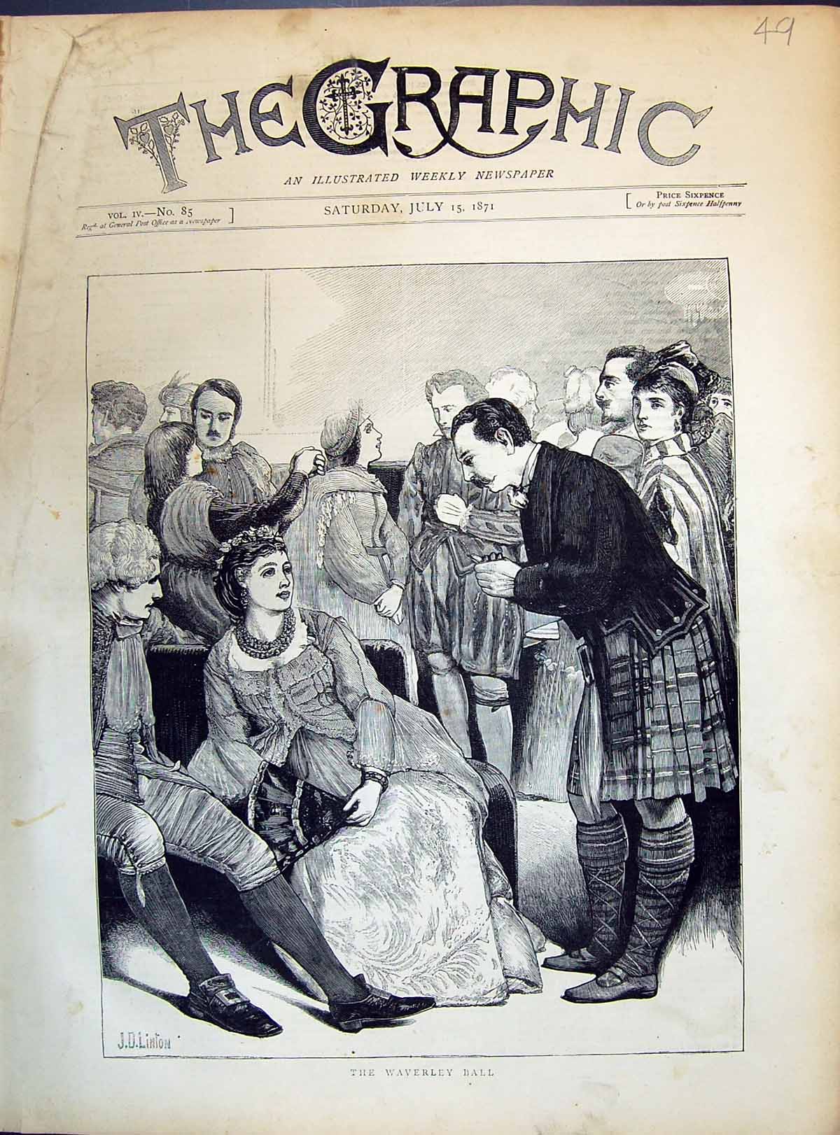 Original Old Antique Print 1871 Waverley Ball Dancing Romance Men Ladies Linton