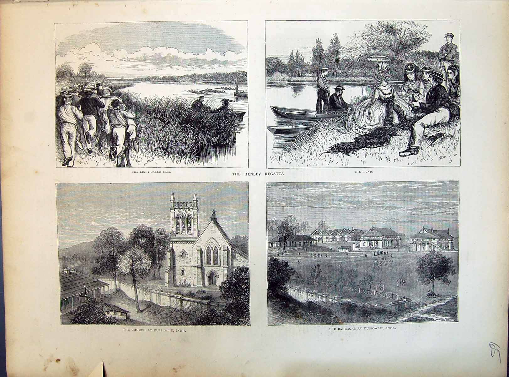 Old 1871 Henley Regatta Boating Sport Church Kussowlie India Barracks Victorian