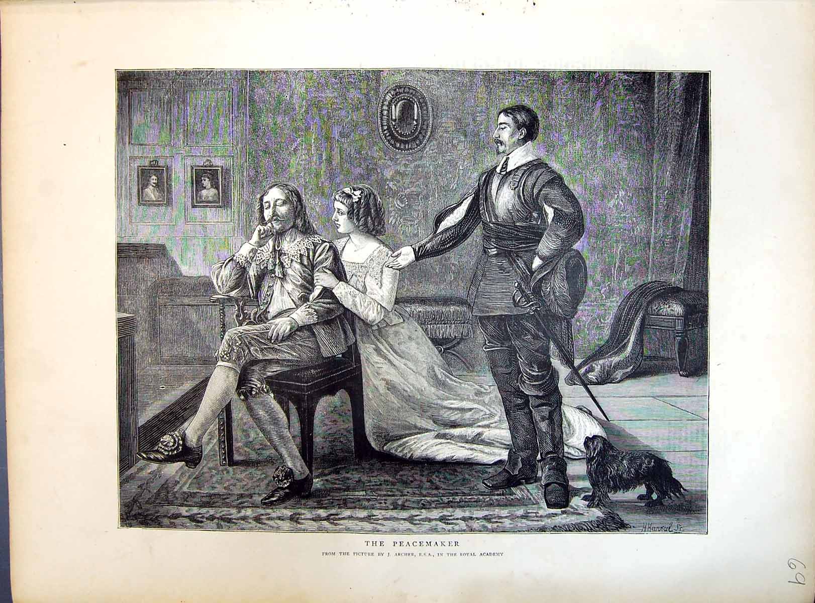 Antique Old Print 1871 Peacemaker Man Lady Romance Archer Royal Academy Art