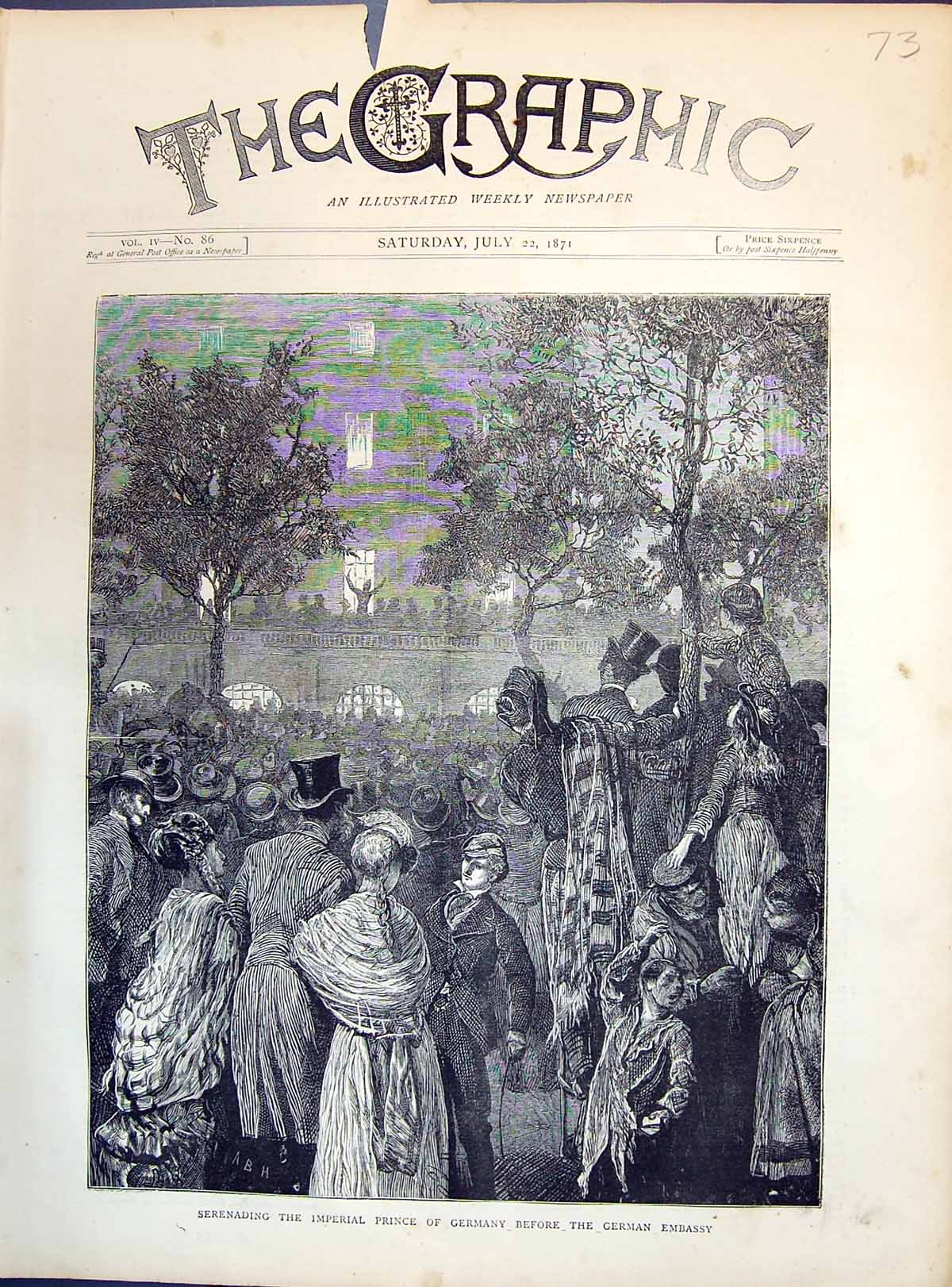 Antique Print 1871 Scene Serenading Imperial Prince Germany German Embassy 19th
