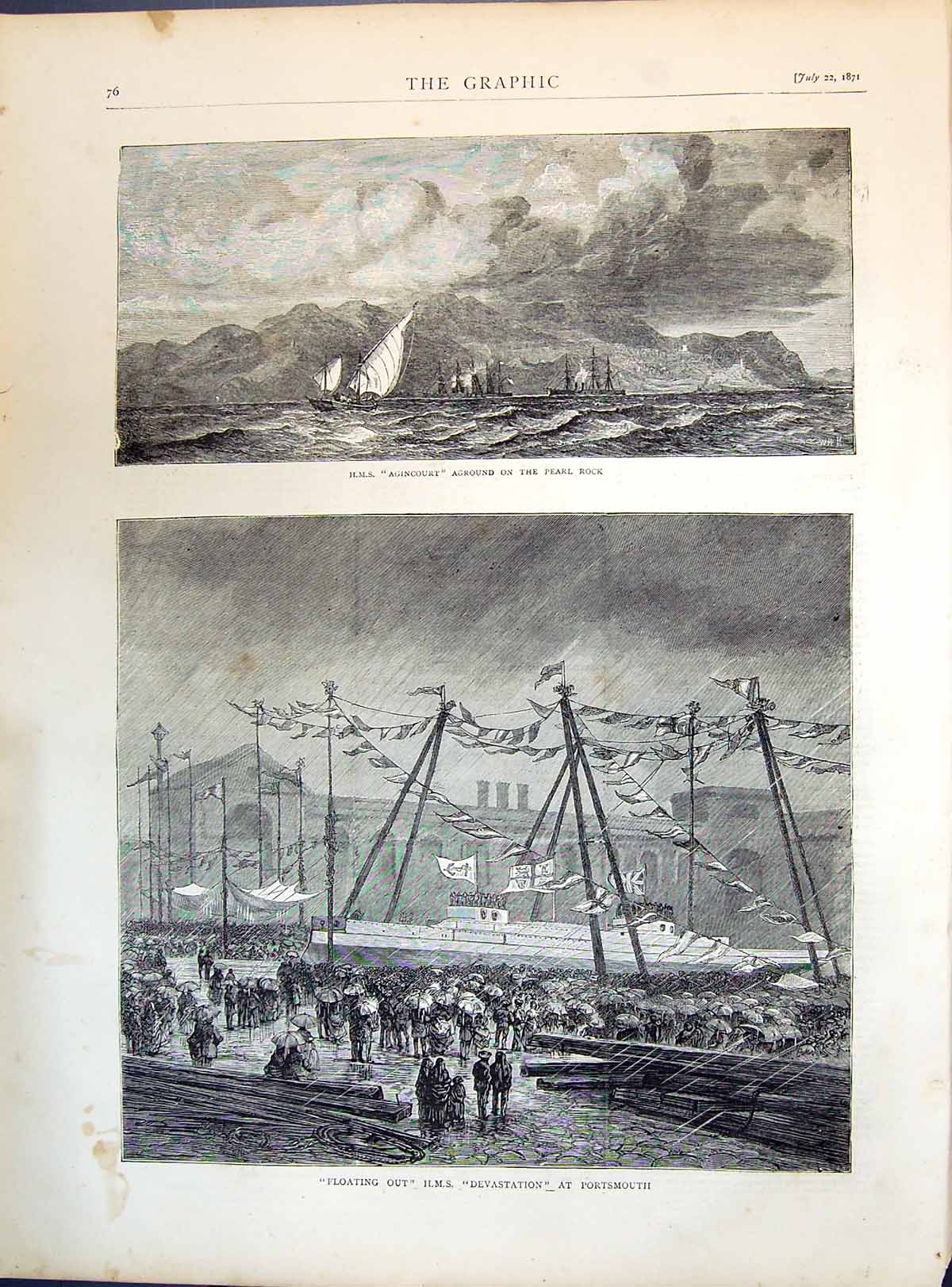 Old 1871 Ship H.M.S. Agincourt Pearl Rock Floating Out Devastation Po Victorian