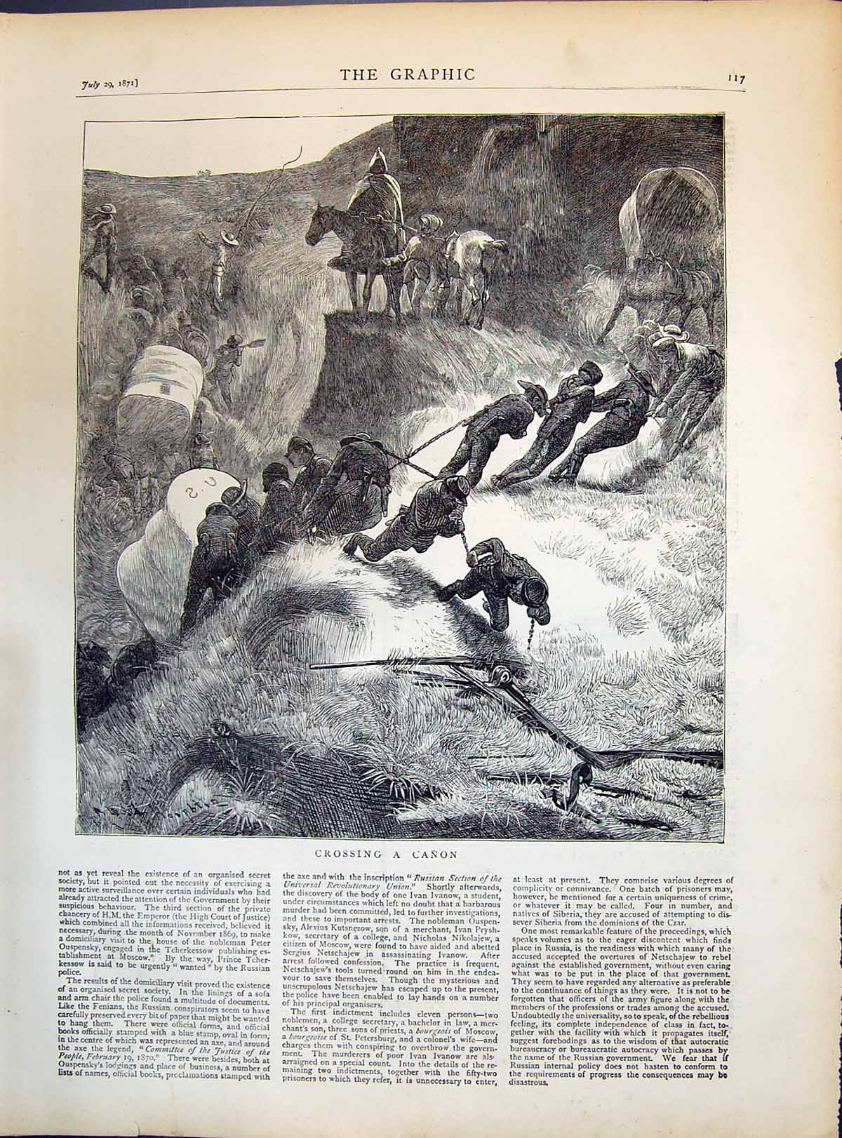 Antique Print 1871 War Siers Scene Crossing Canon Transport Wagons Horses 19th