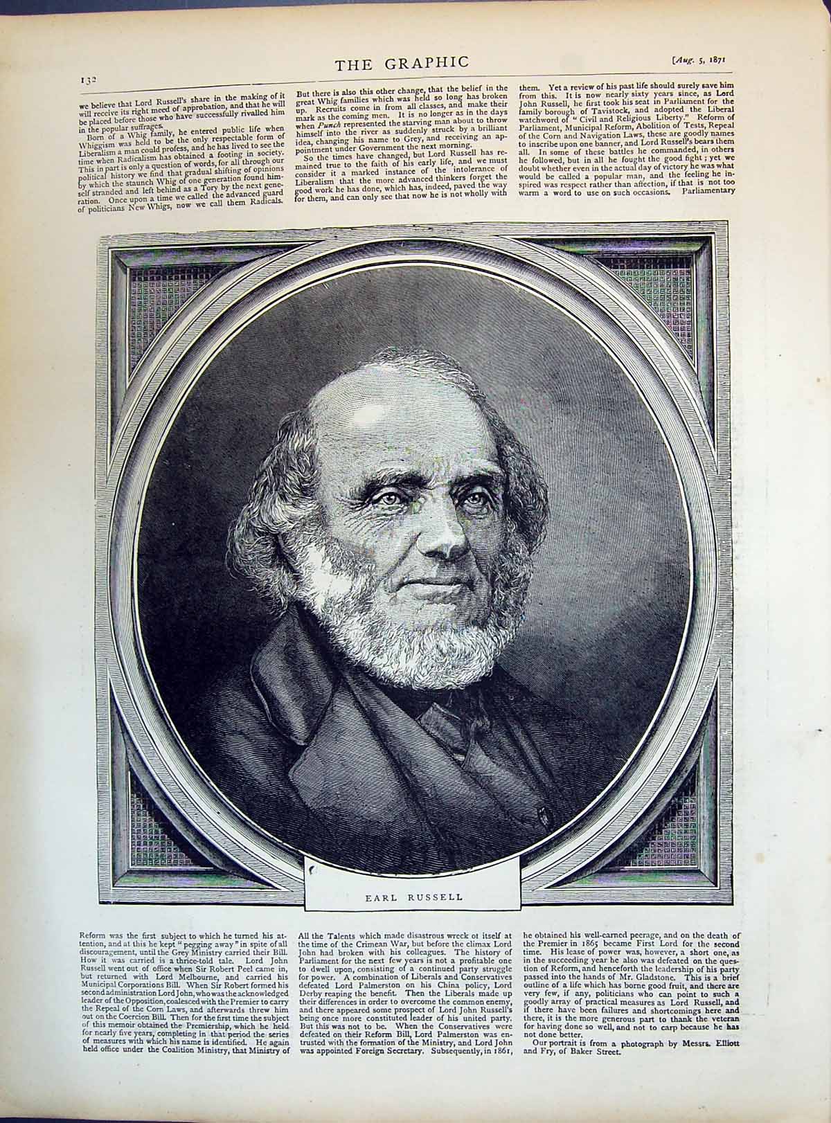 Original Old Antique Print 1871 Portrait Earl Russell Man Whig Family Victorian