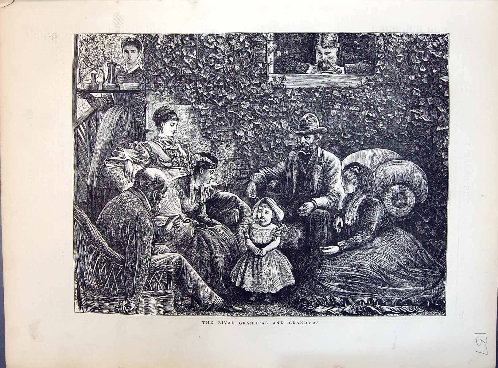 Antique Old Print 1871 Family Scene Garden Rival Granpas Grandmas Children 19th