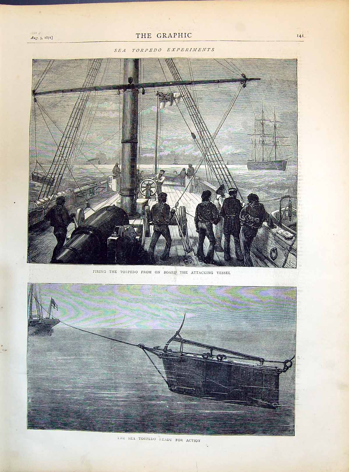 Original Old Antique Print 1871 Sea Torpedo Experiments Firing Attacking Vessel