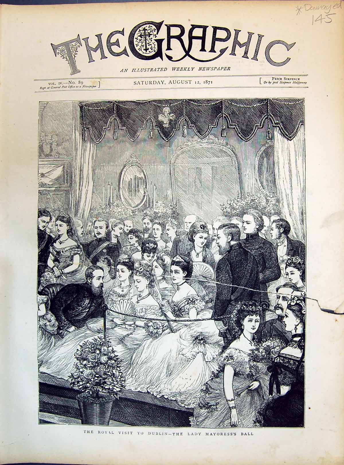 Antique Old Print Damaged 1871 Royal Visit Dublin Ireland Lady Mayoress Ball