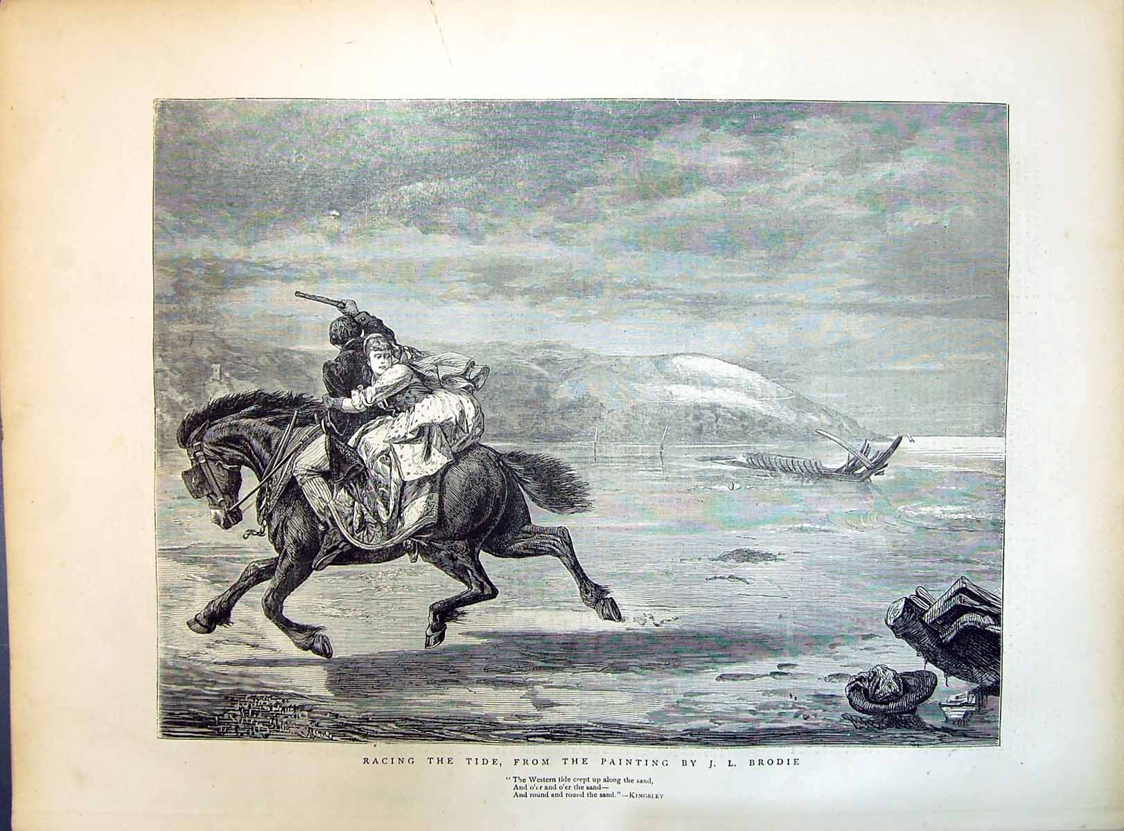 Original Old Antique Print 1871 Horse Racing Beach Tide Seaside Brodie 19th
