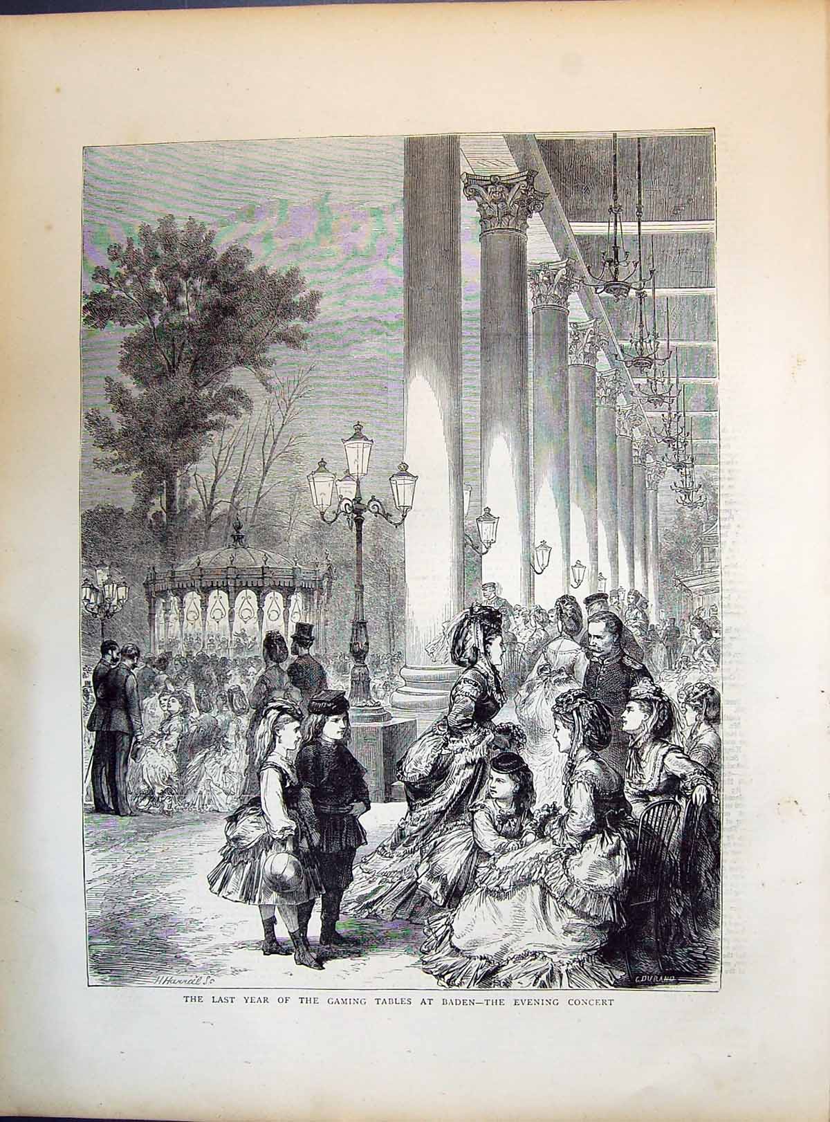 Old Print 1871 Gaming Tables Baden Gambling Evening Concert Entertainment 19th