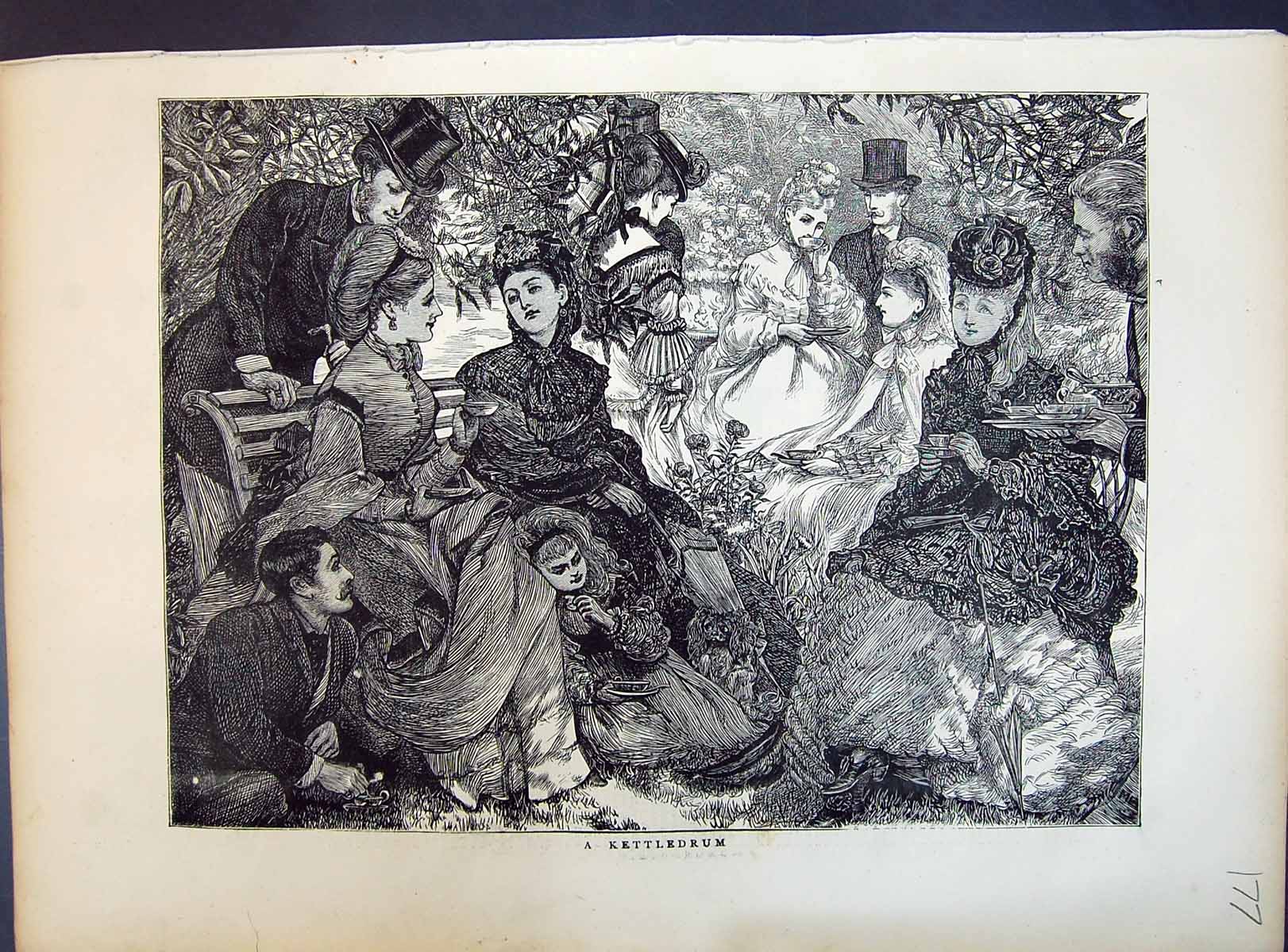 Antique Old Print 1871 Kettledrum Ladies Men Children Tea-Time Garden Scene