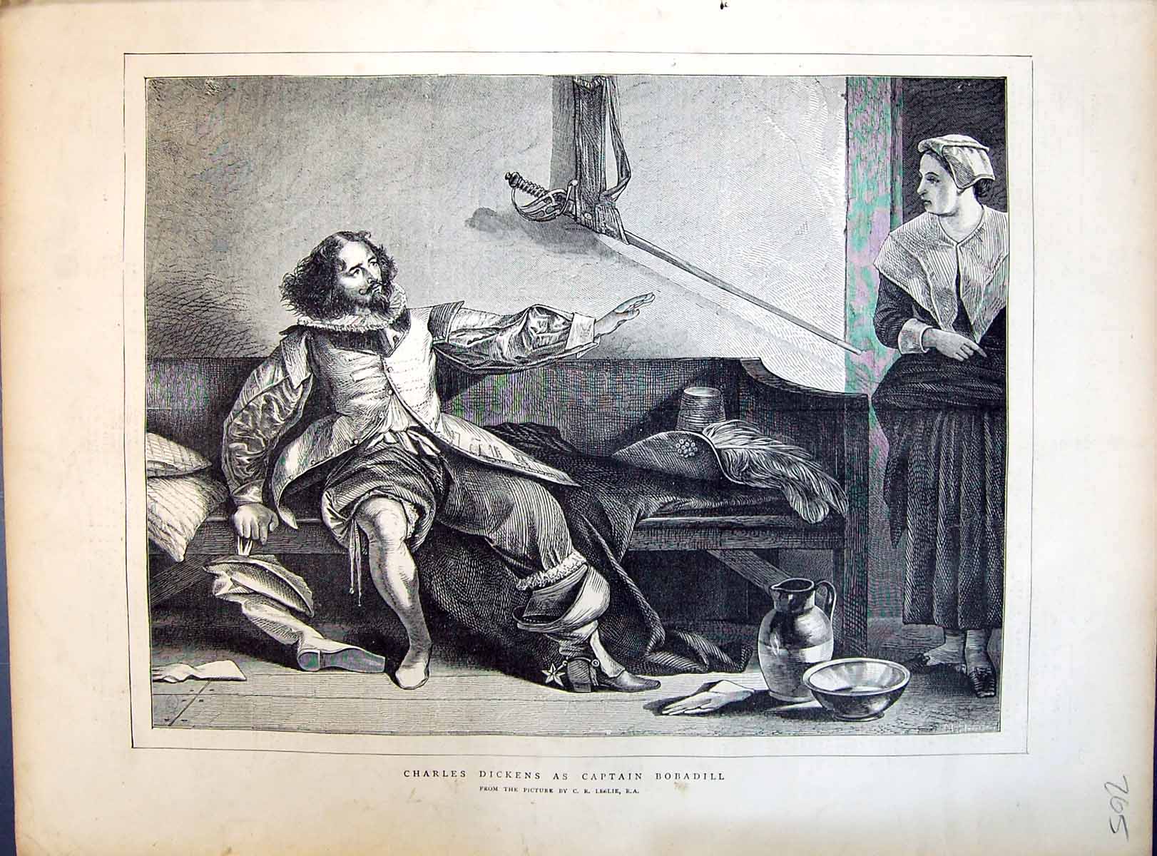 Antique Old Print 1871 Charles Dickens Captain Bobadill Theatre Actor Leslie