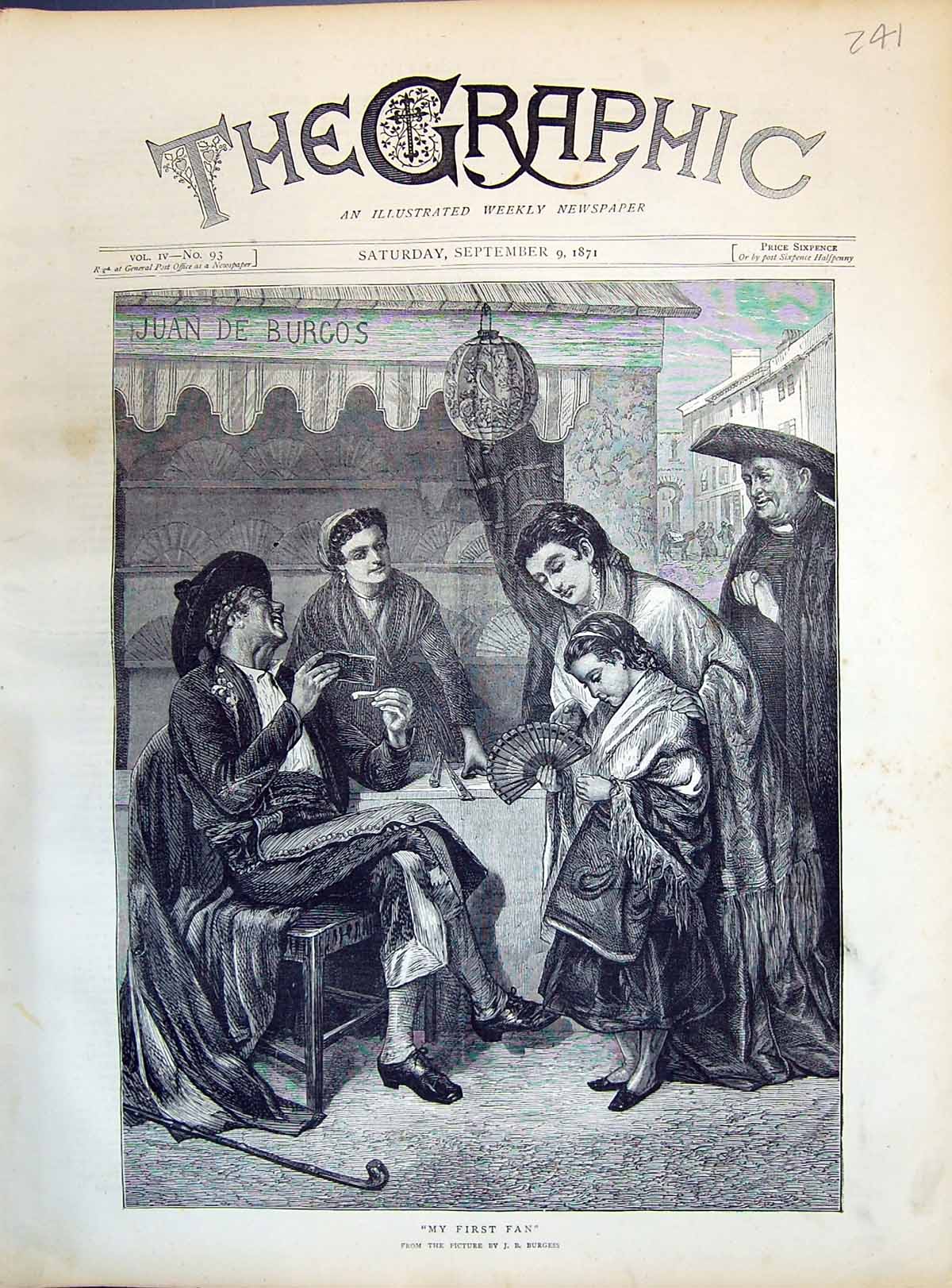 Original Old Antique Print 1871 First Fan Juan De Burgos Young Girl Burgess