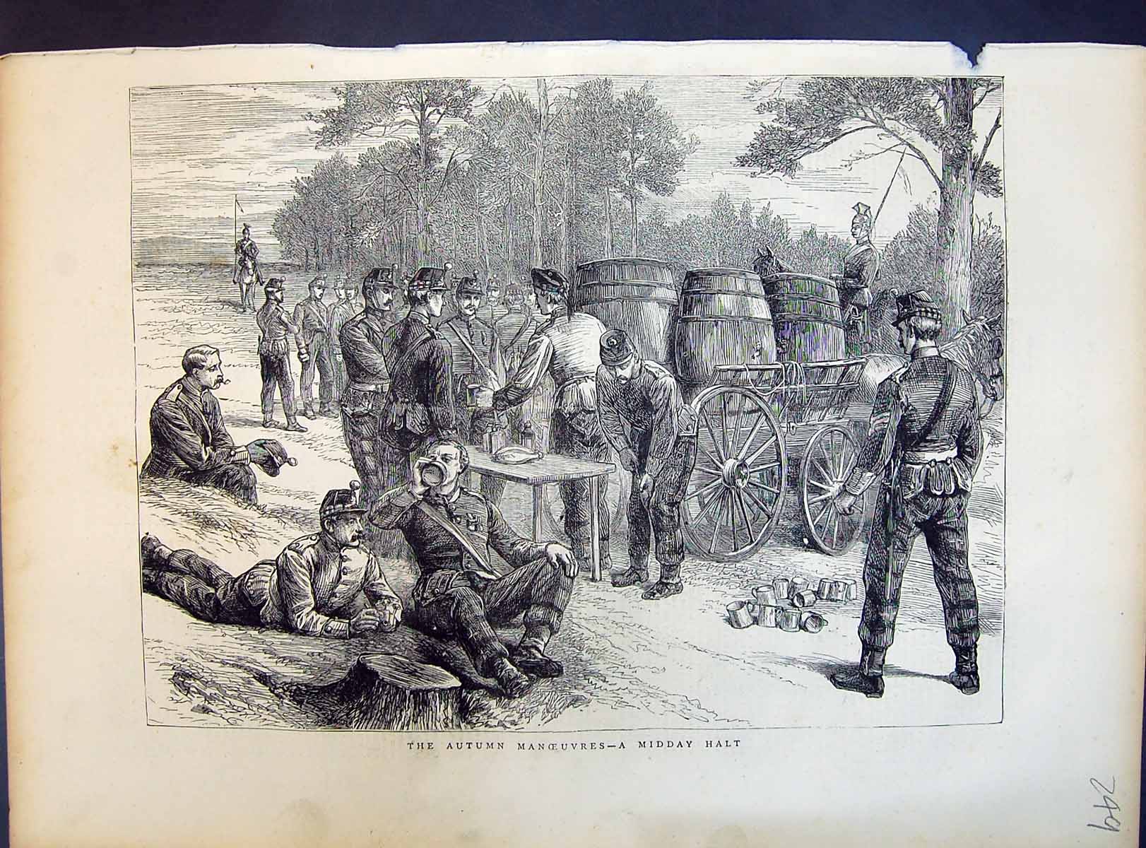 Original Old Antique Print 1871 Autumn Manoeuvres Midday Halt Siers Rest Food