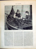 Original Old Antique Print 1871 Sketch Sea Fishing Boat Mending Jib Victorian