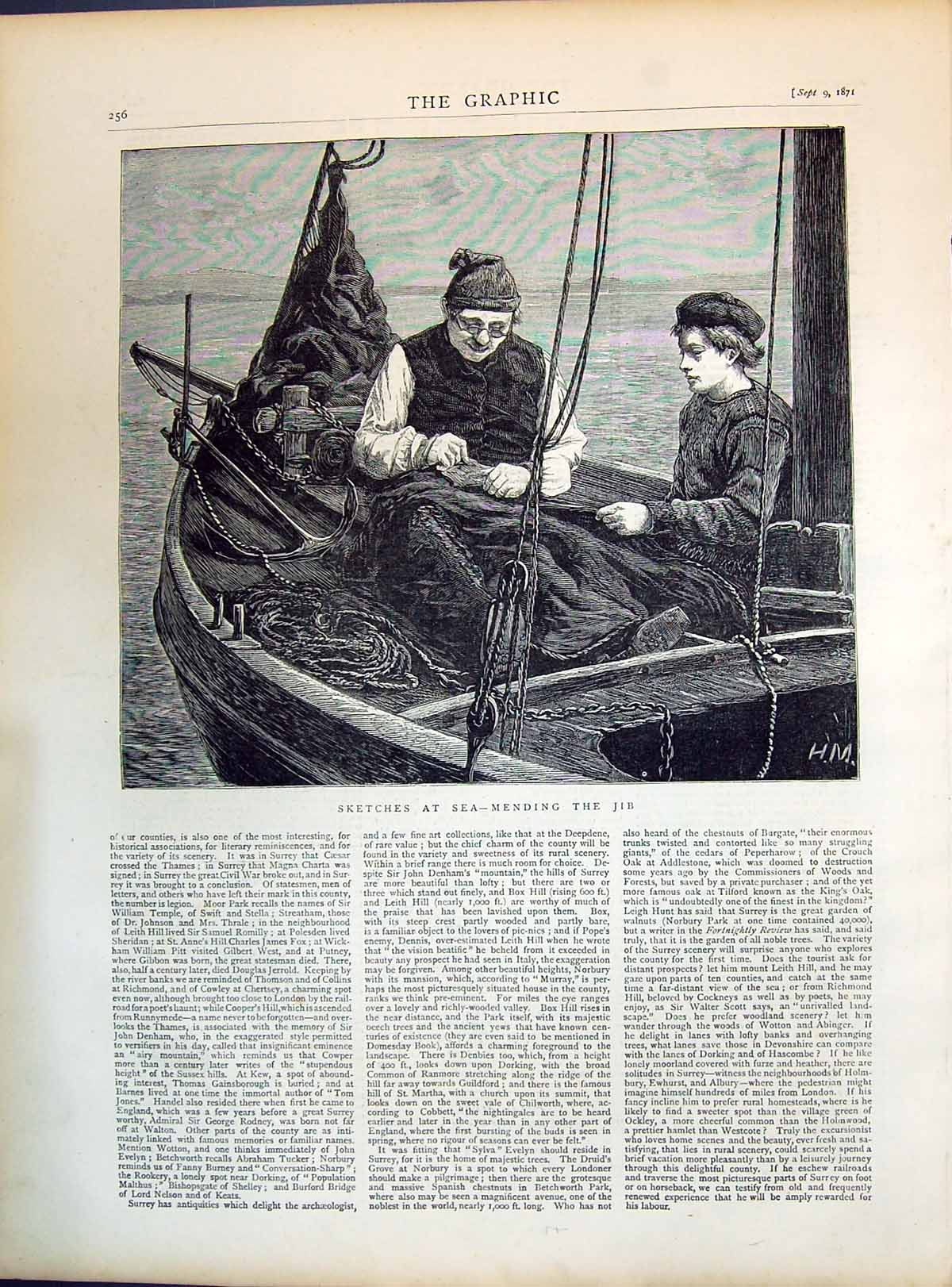 Original Old Antique Print 1871 Sketch Sea Fishing Boat Mending Jib Victorian
