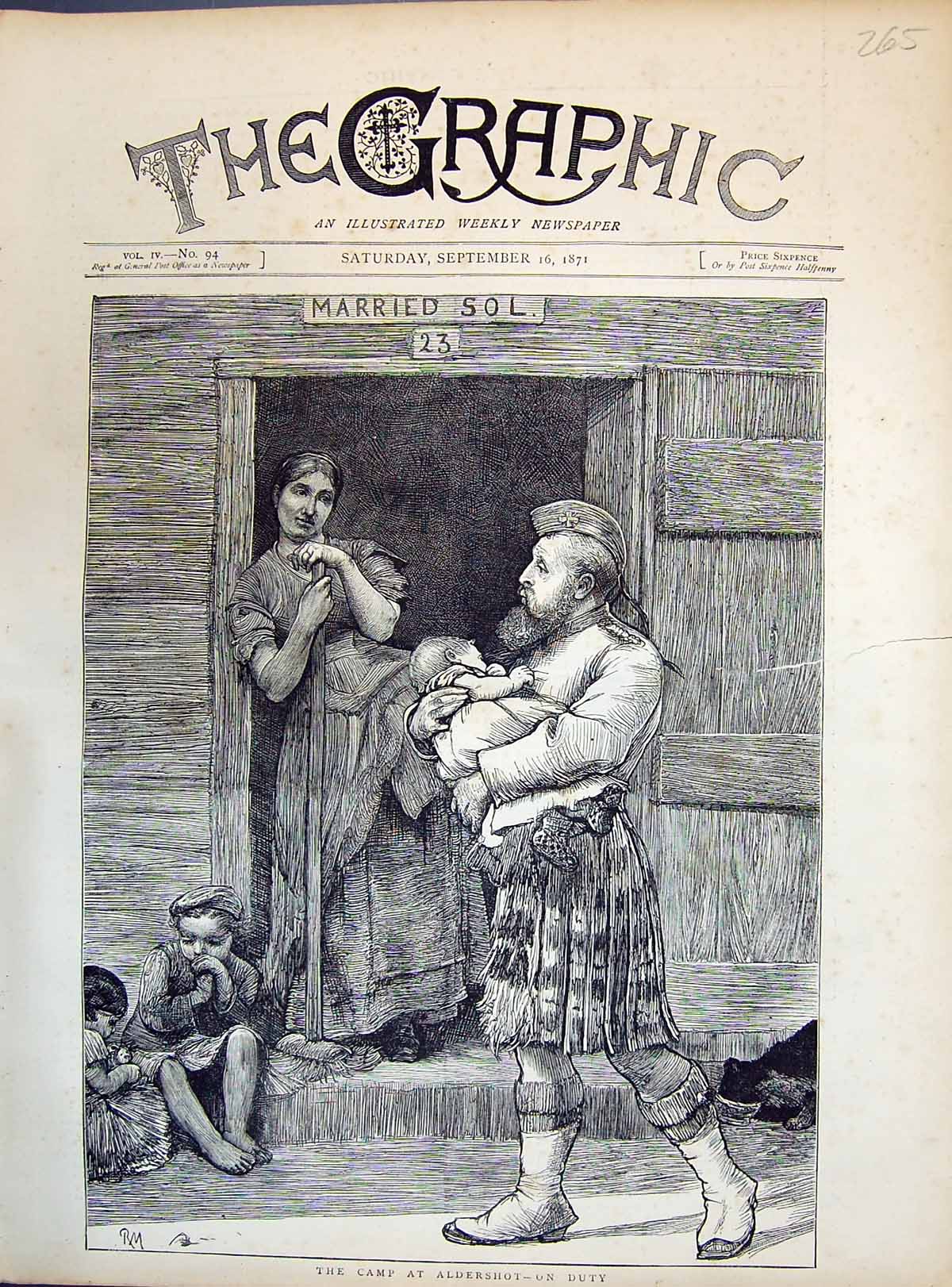 Old Antique Print 1871 Camp Aldershot Sier On Duty Famly Baby Married Sol 19th