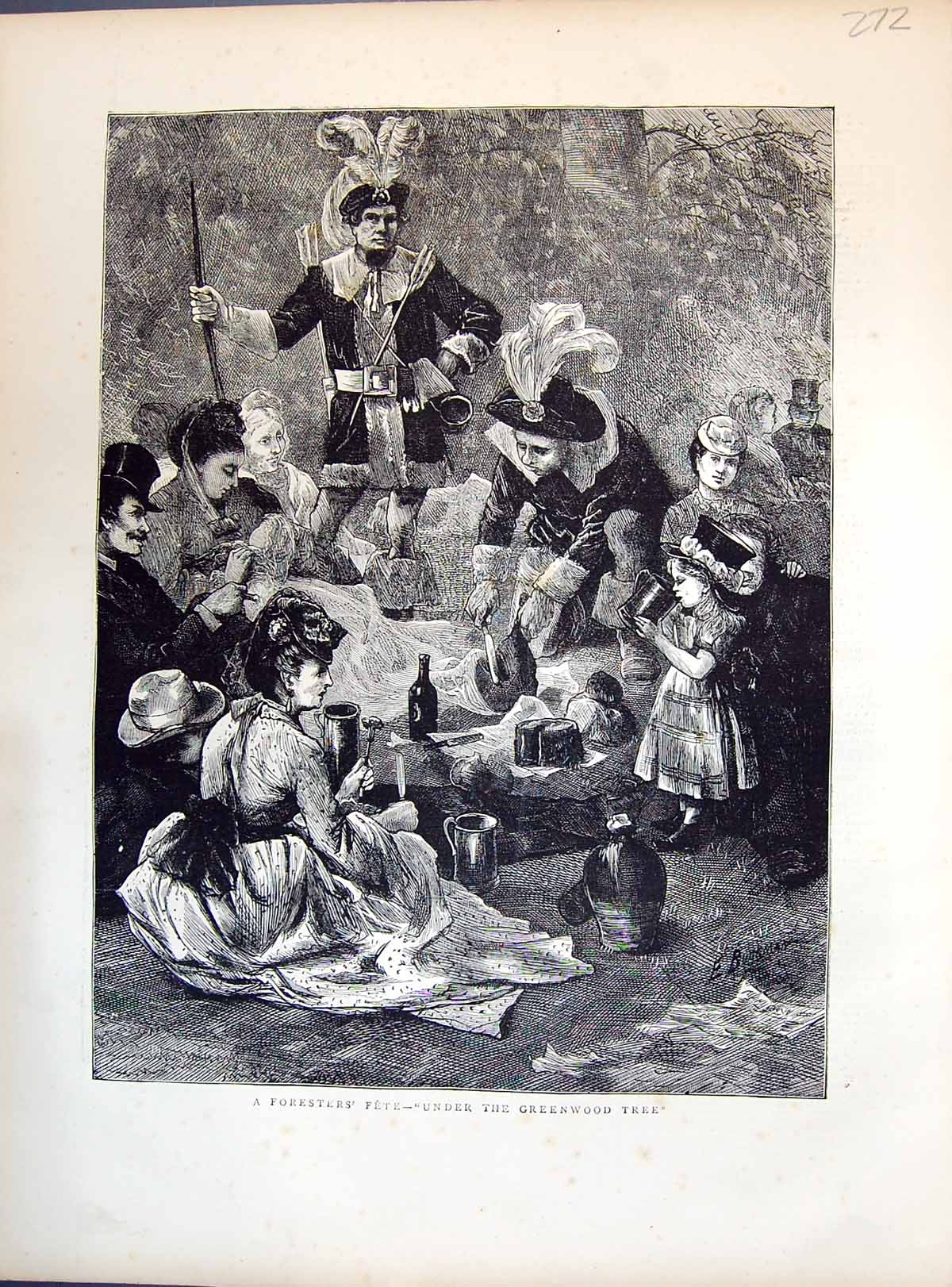 Old 1871 Scene Foresters Fete Under Greenwood Tree Family Dinner Time Victorian
