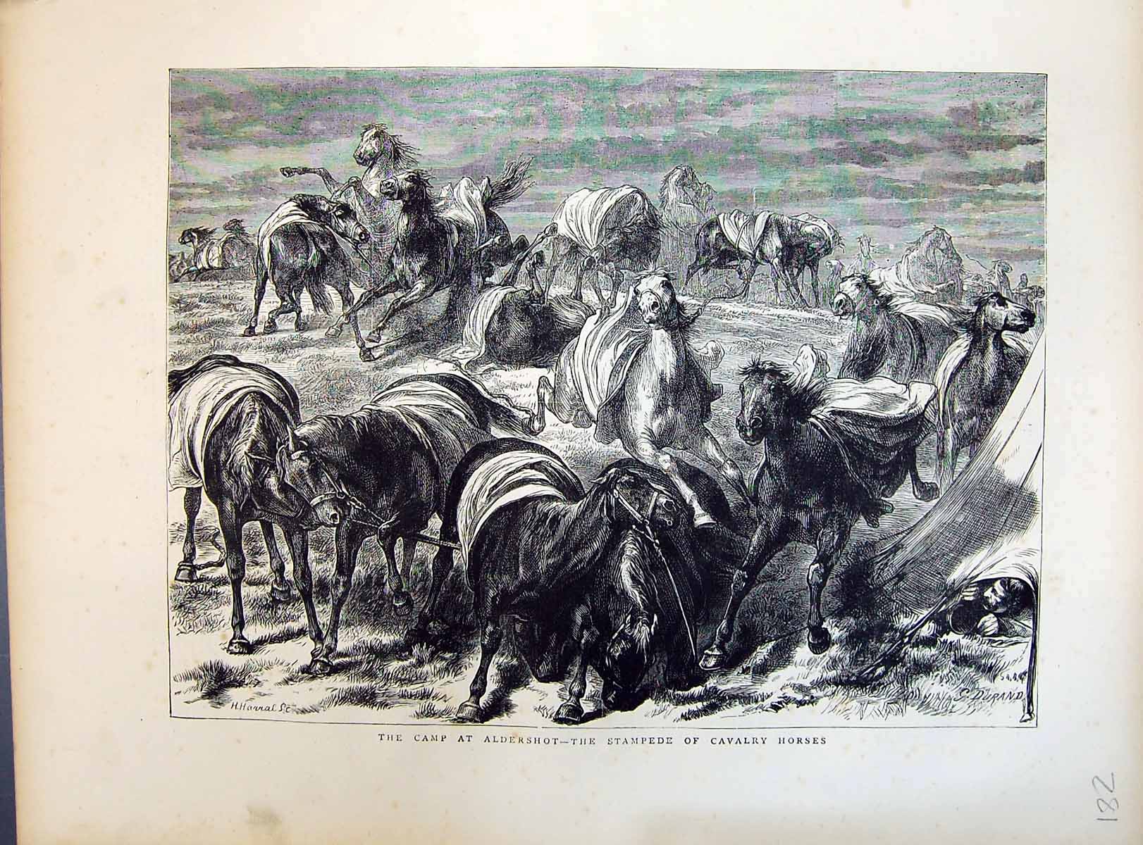 Original Old Antique Print 1871 Camp Aldershot Stampede Cavalry Horses Durand