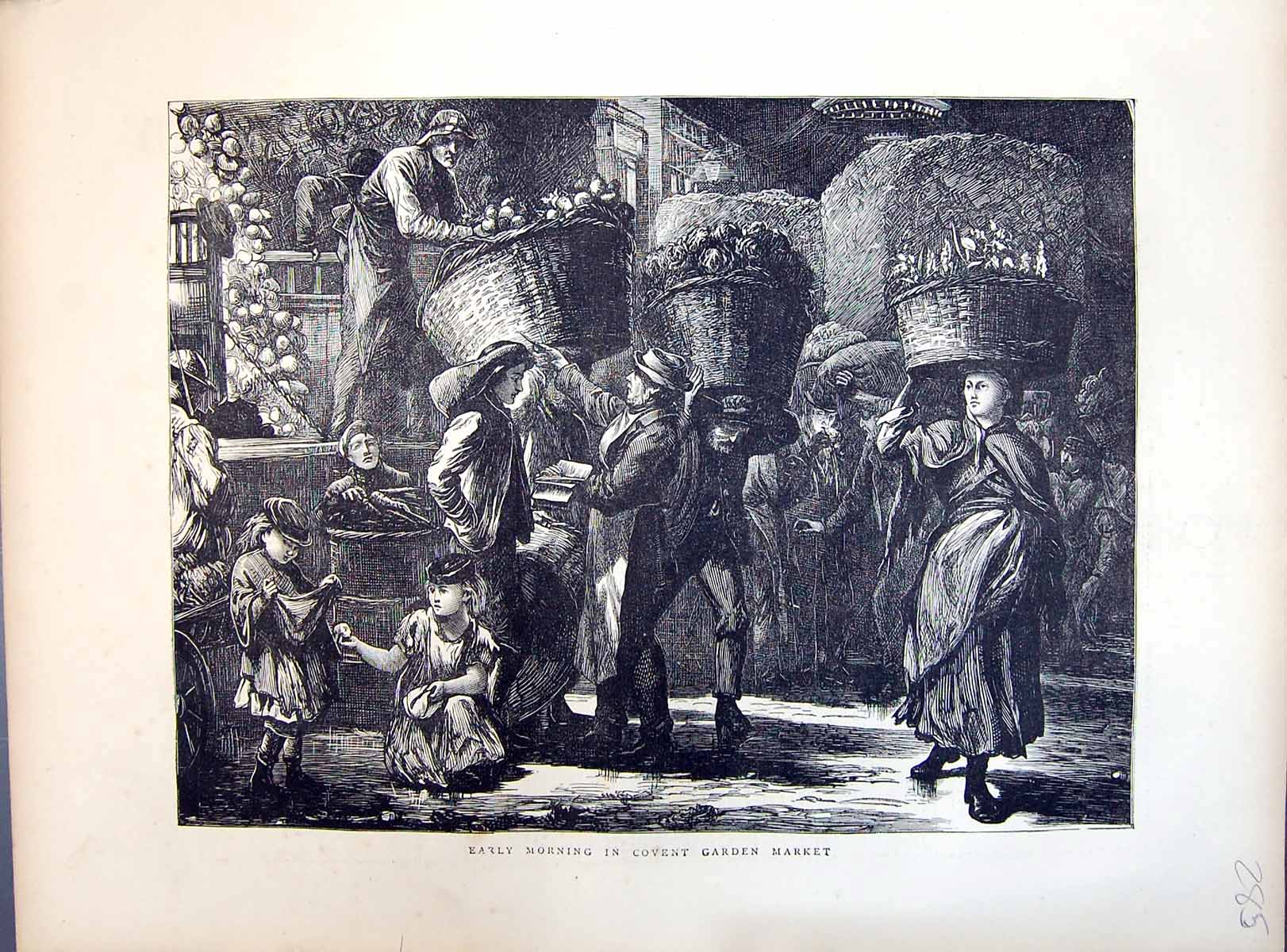 Old 1871 Early Morning Scene Covent Garden Market Sale Baskets London Victorian