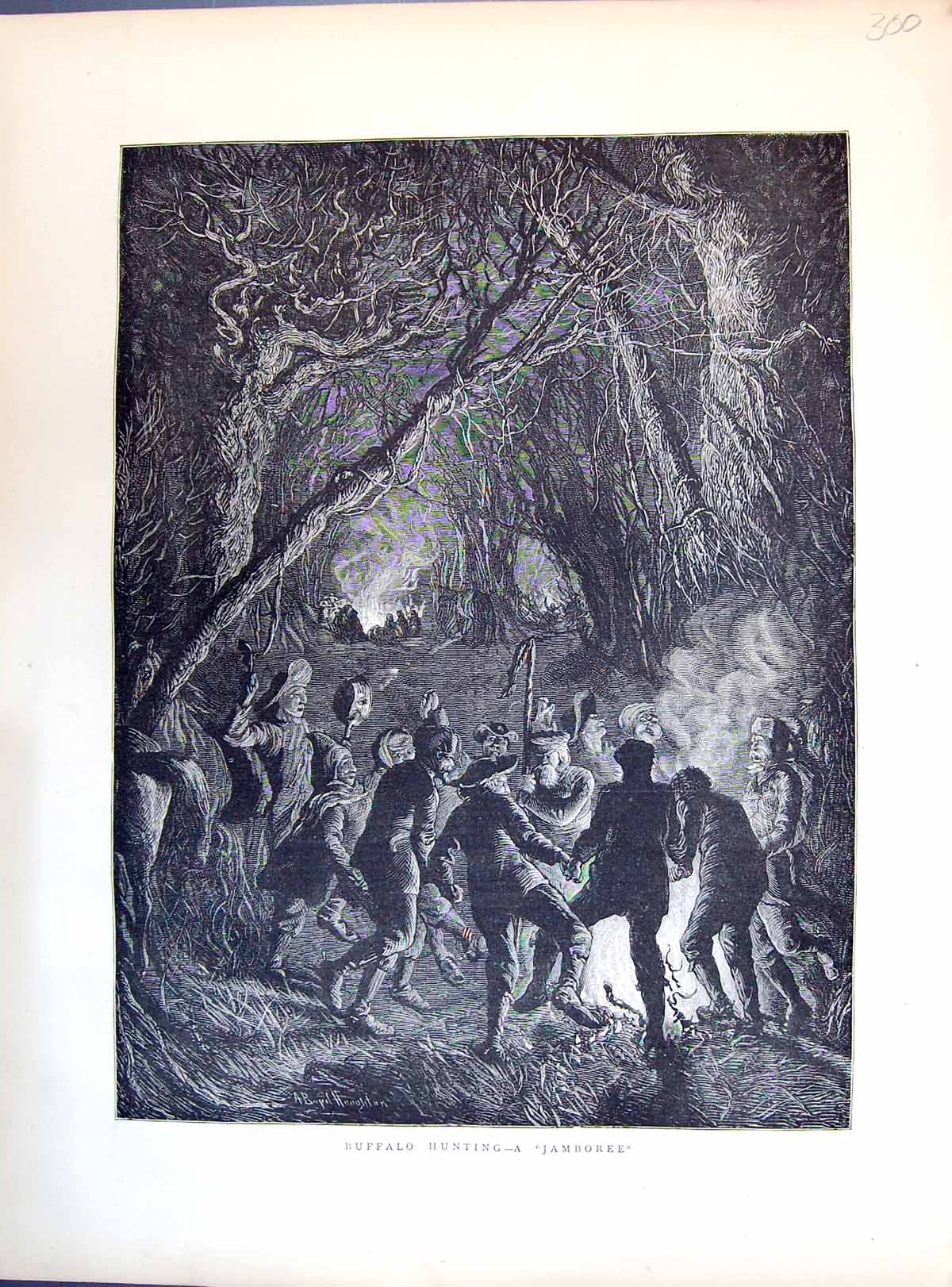 Original Old Antique Print 1871 Buffalo Hunting Jamboree Camp Fire Sport Forest