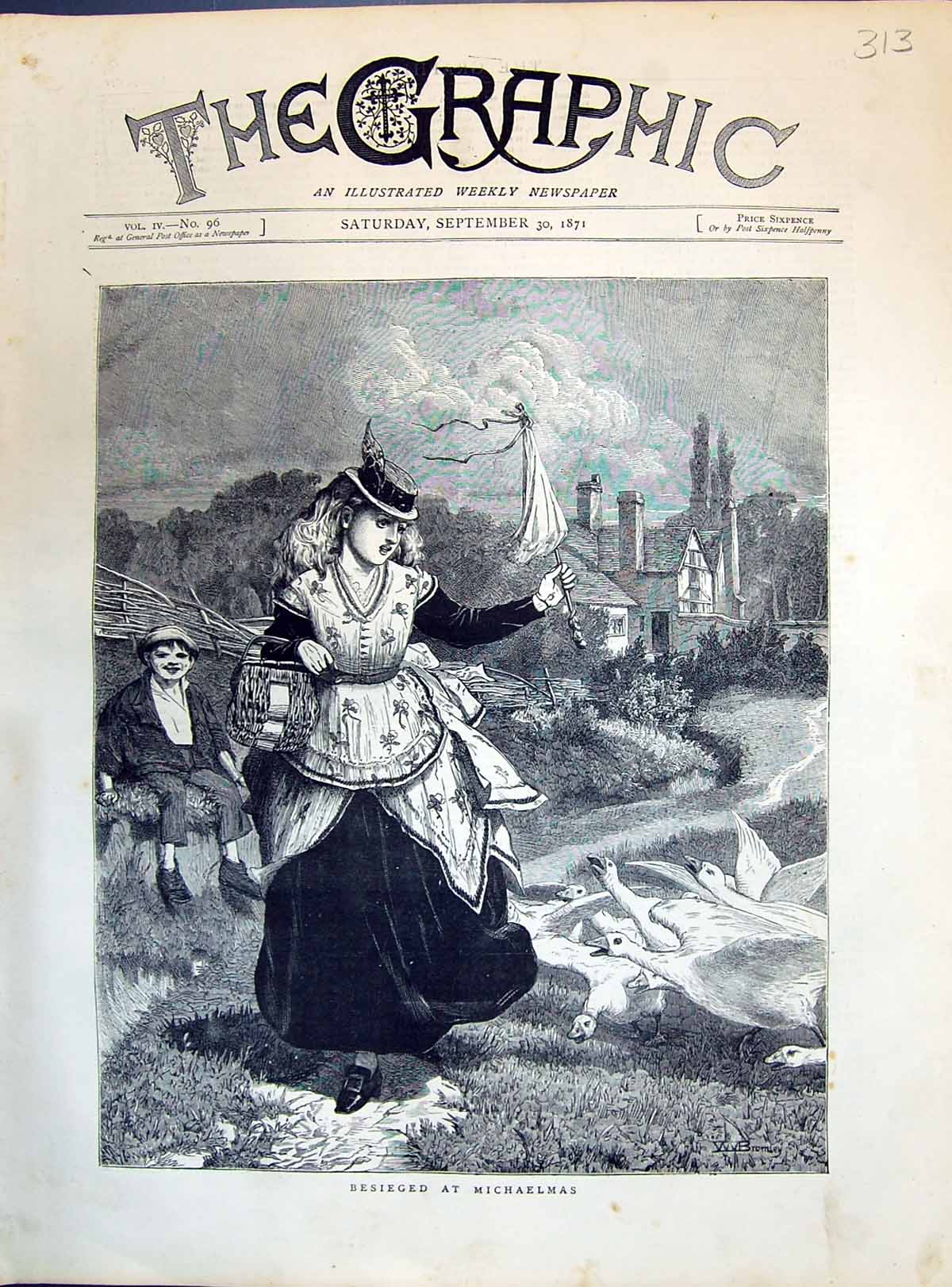 Old Antique Print 1871 Besieged Michaelman Geese Young Woman Basket House 19th