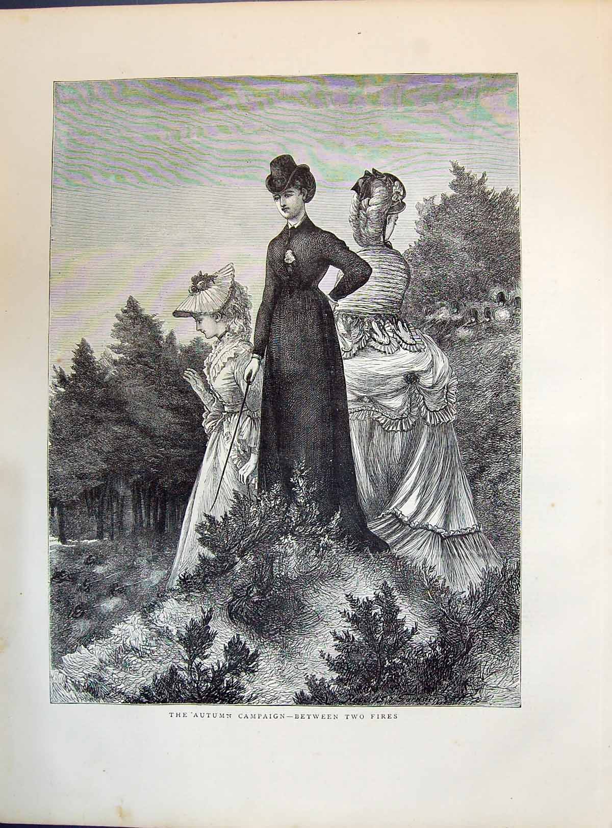 Old Antique Print 1871 Autumn Campaign Ladies Between Two Fires Siers War 19th