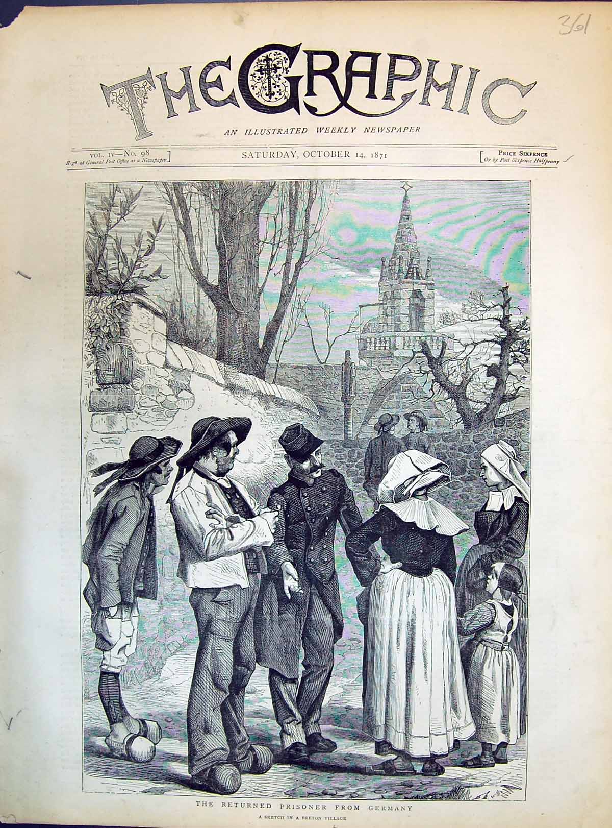 Antique Old Print 1871 Returned Prisoners Germany Breton Village Villagers 19th