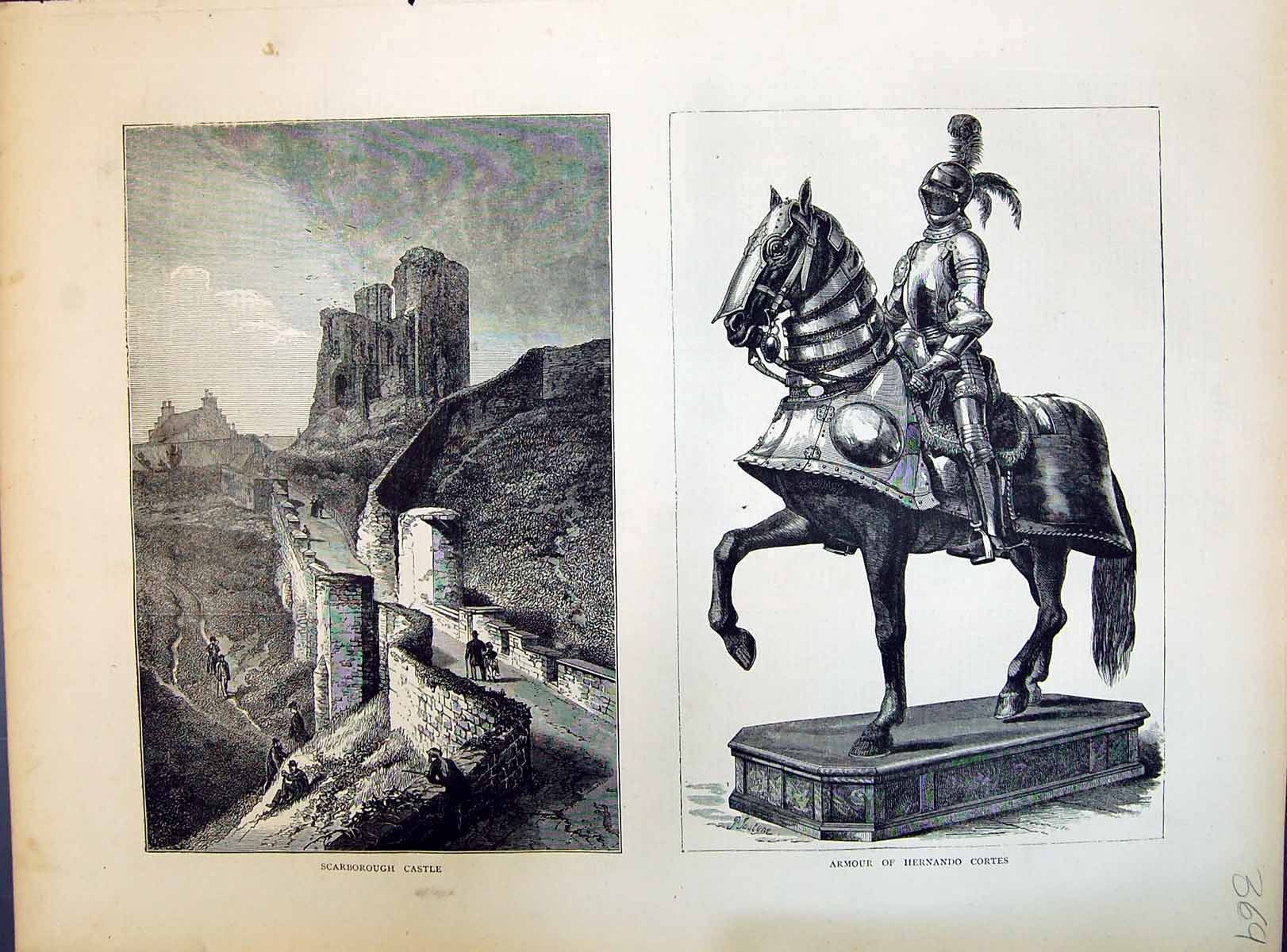 Antique Print 1871 Scarborough Castle England Statue Armour Hernando Cortes