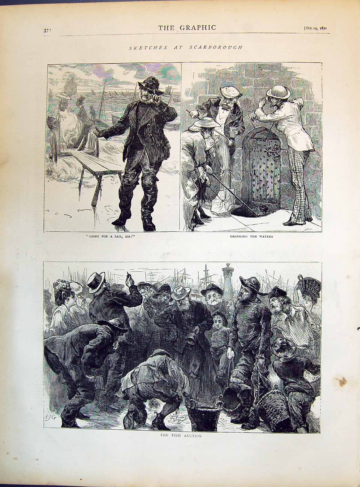 Antique Old Print 1871 Scarborough Driking Waters Fish Auction Sale Fisherman