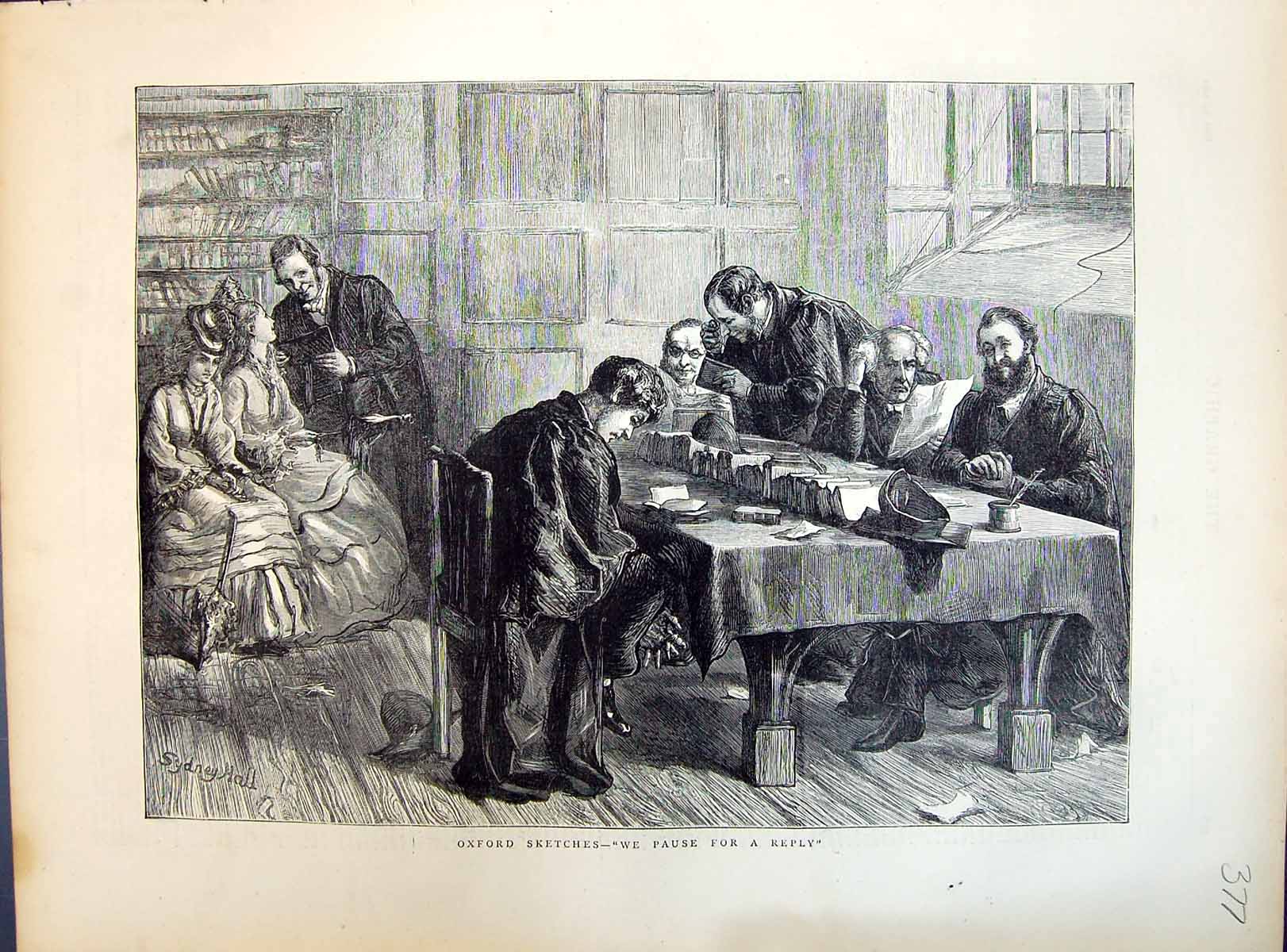 Old 1871 Oxford University Sketche Students Studying Books Reading Ta Victorian