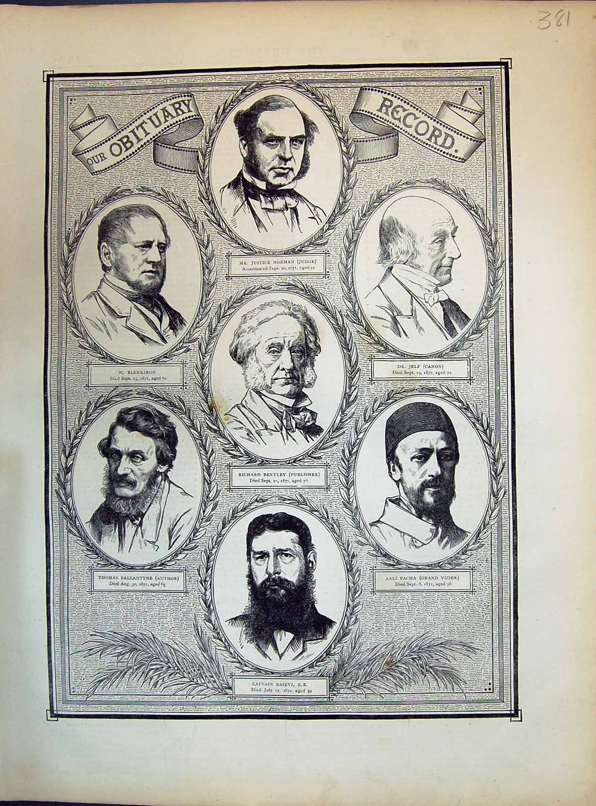Old 1871 Obituary Blenkiron Norman Jelf Bentley Ballantyre Basevi Aal Victorian