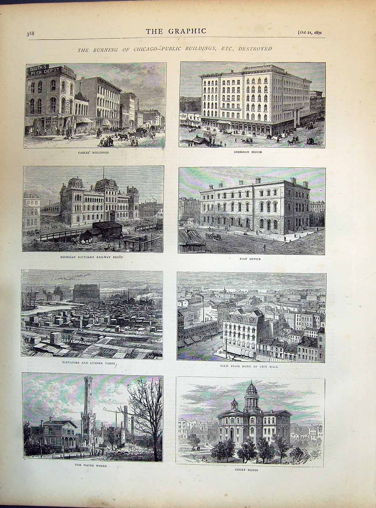 Old 1871 Chicago Cables Sherman Post Fice Court House Water Works Mic Victorian