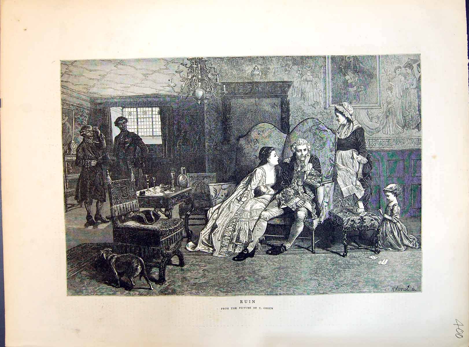 Original Old Antique Print 1871 Ruin Man Lady Family Home Romance Green 19th