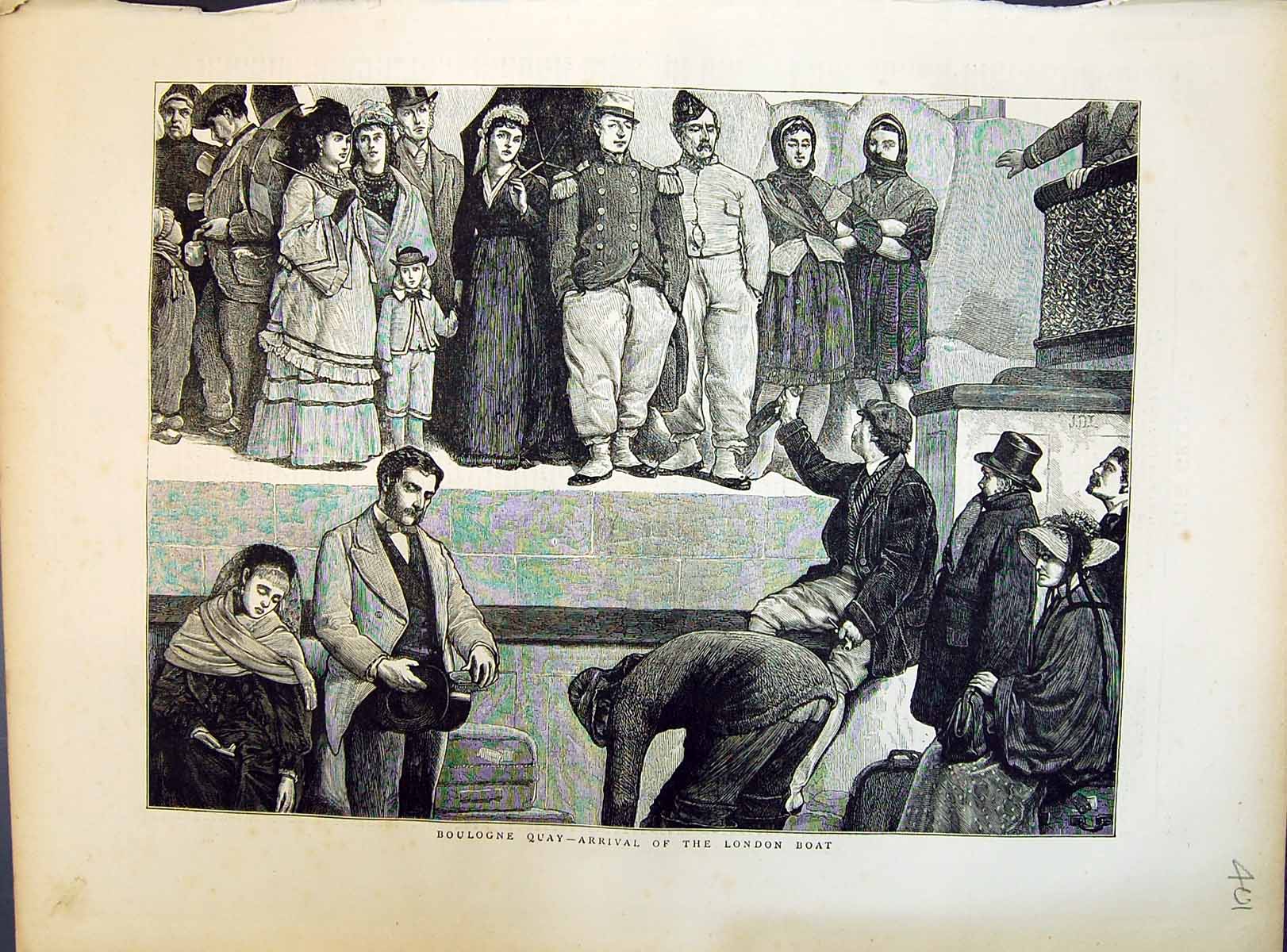 Antique Old Print 1871 Boulogne Quay France Arrival London Boat Passengers 19th