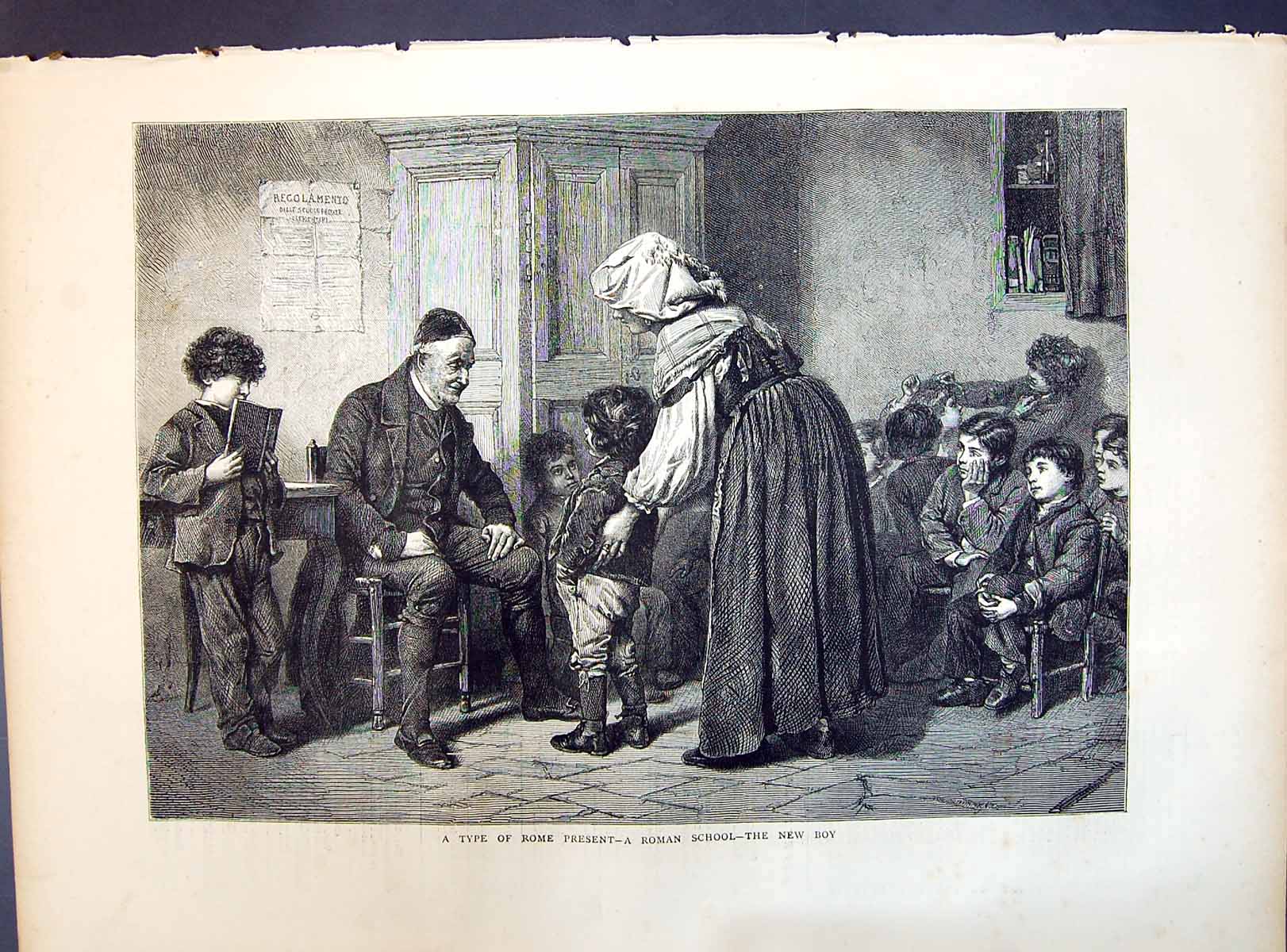 Antique Print 1871 Type Rome Present Roman School New Boy Teacher Students 19th