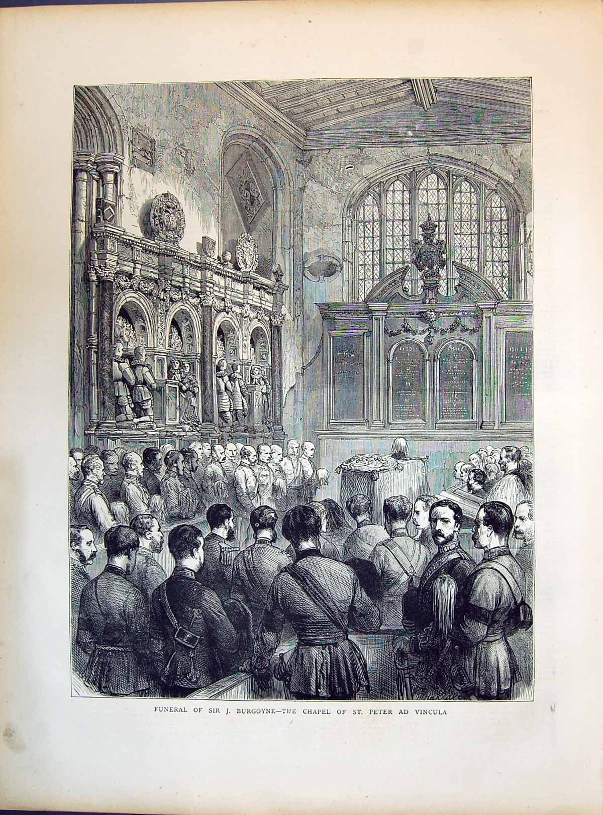 Original Old Antique Print 1871 Funeral Sir Burgoyne Chapel St. Peter Vincula