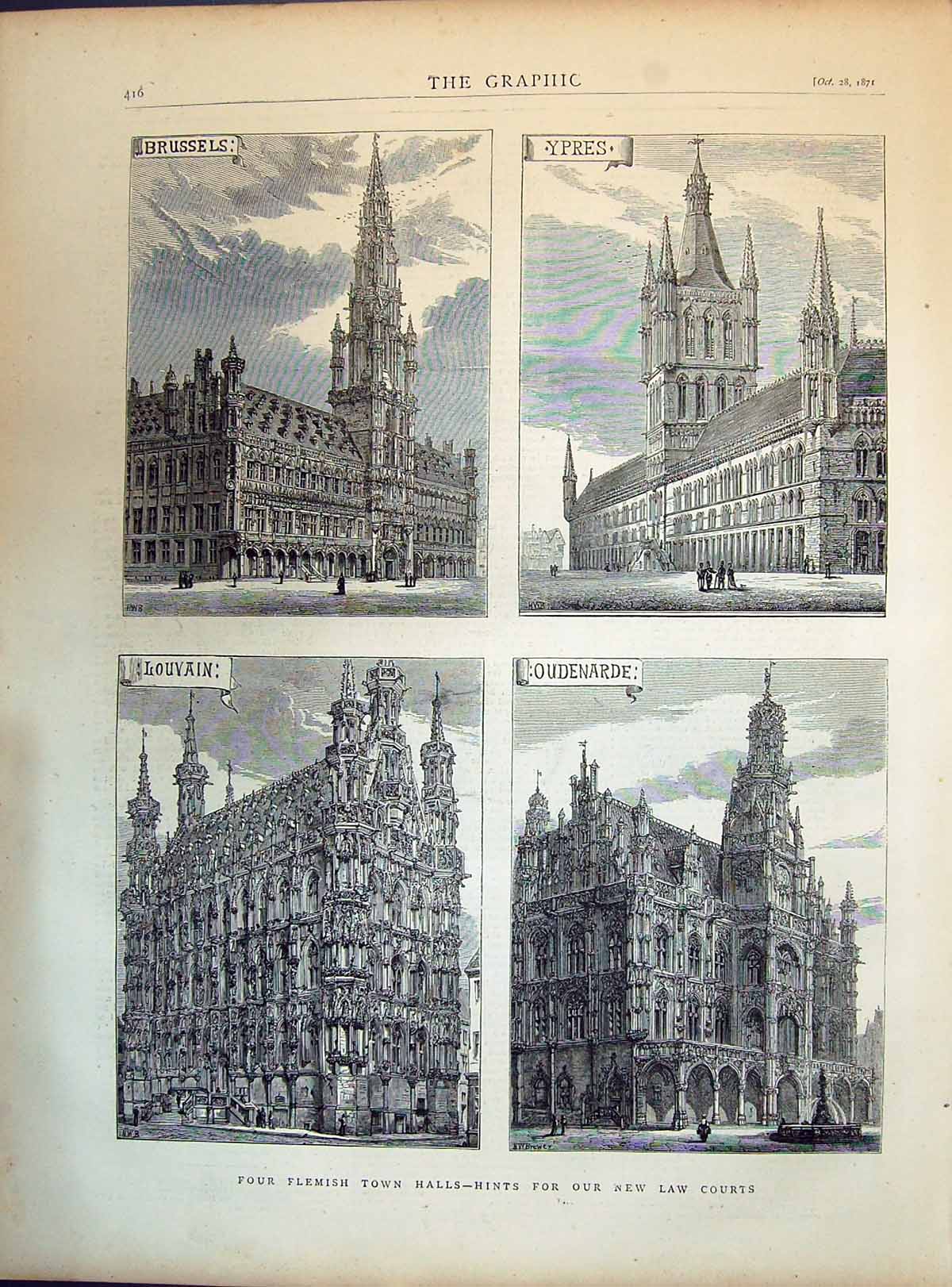 Old 1871 Flemish Town Halls Brussels Ypres Louvain Oudenarde Architec Victorian