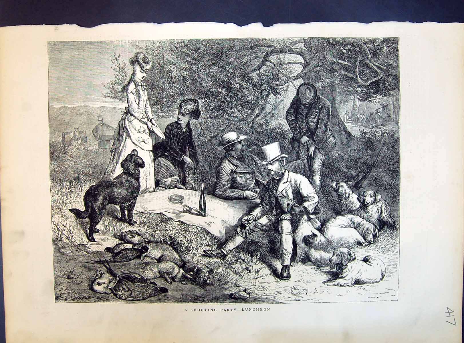Antique Print 1871 Shooting Party Luncheon Camp Picnic Hunting Hounds Dogs 19th