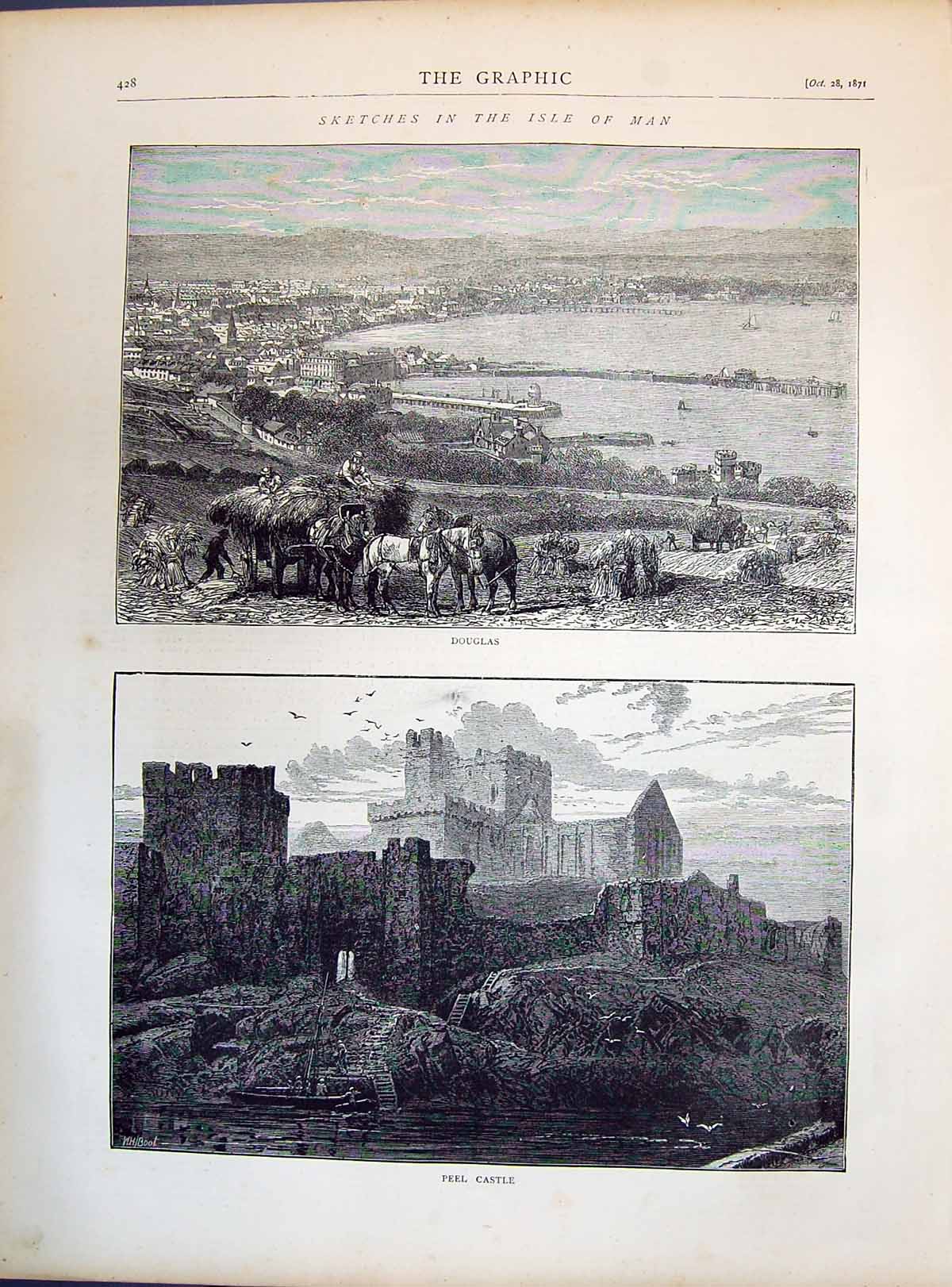 Old 1871 Isle Man Douglas Peel Castle Ruins Architecture Horses Hay A Victorian