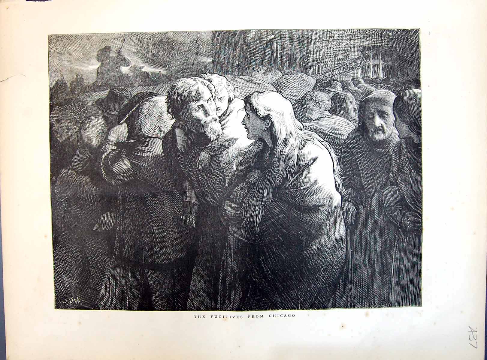 Antique Old Print 1871 Fugitives Chicago America Refugees Familys Travelling