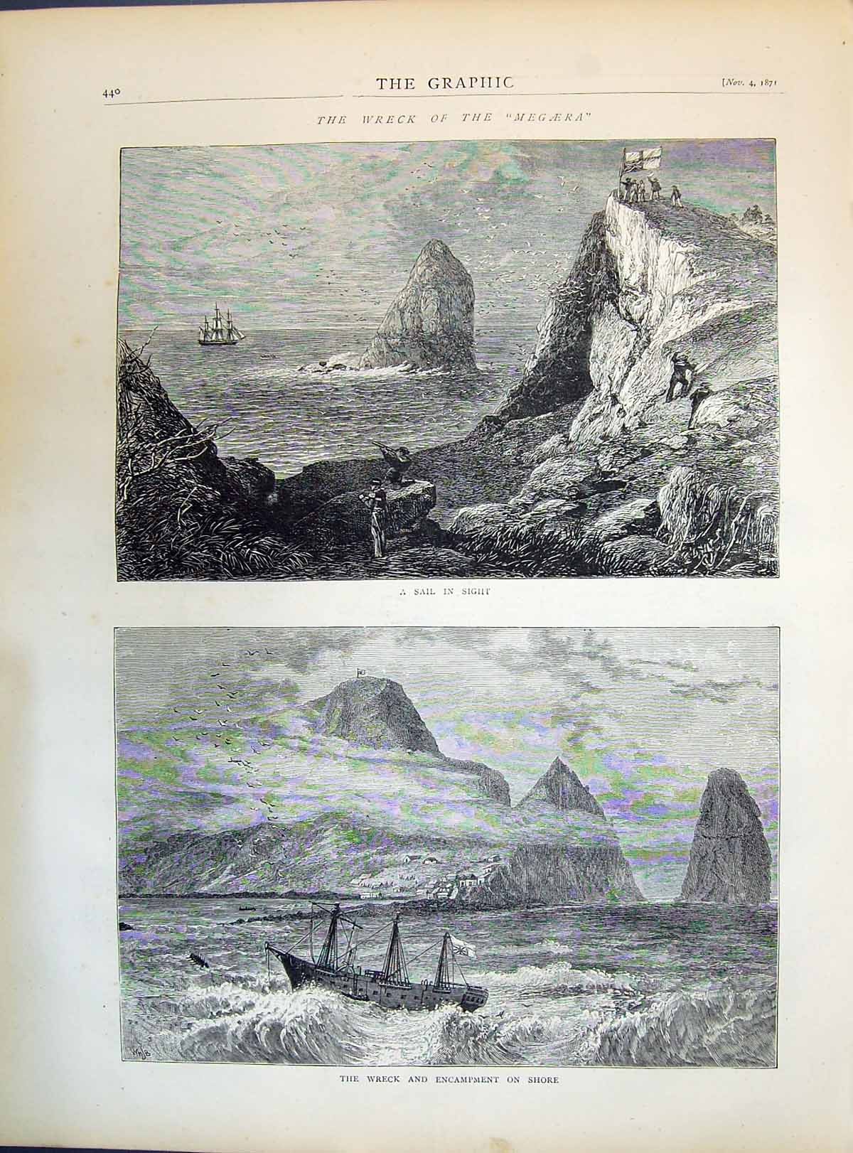 Antique Old Print 1871 Wreck Ship Megaera Sailing Stormy Sea Encampment Shore