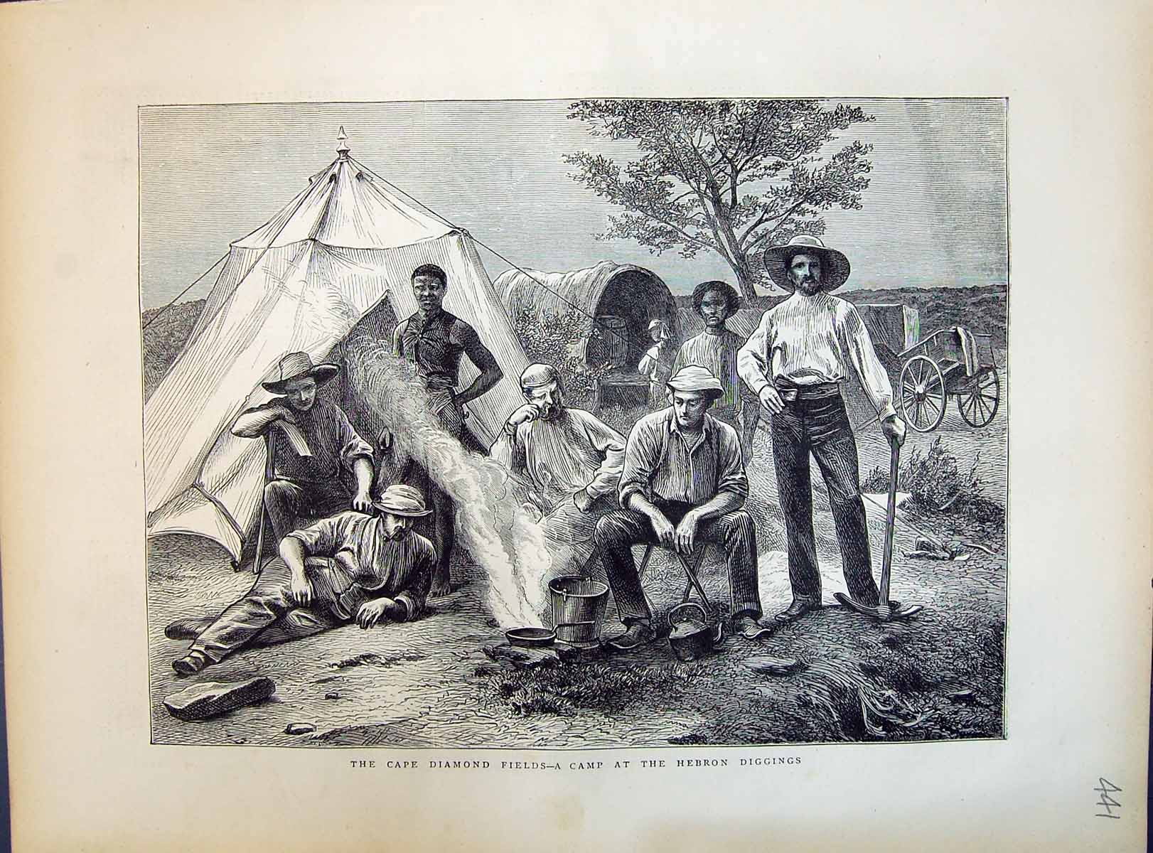 Original Old Antique Print 1871 Cape Diamond Fields Camp Hebron Diggings Mining